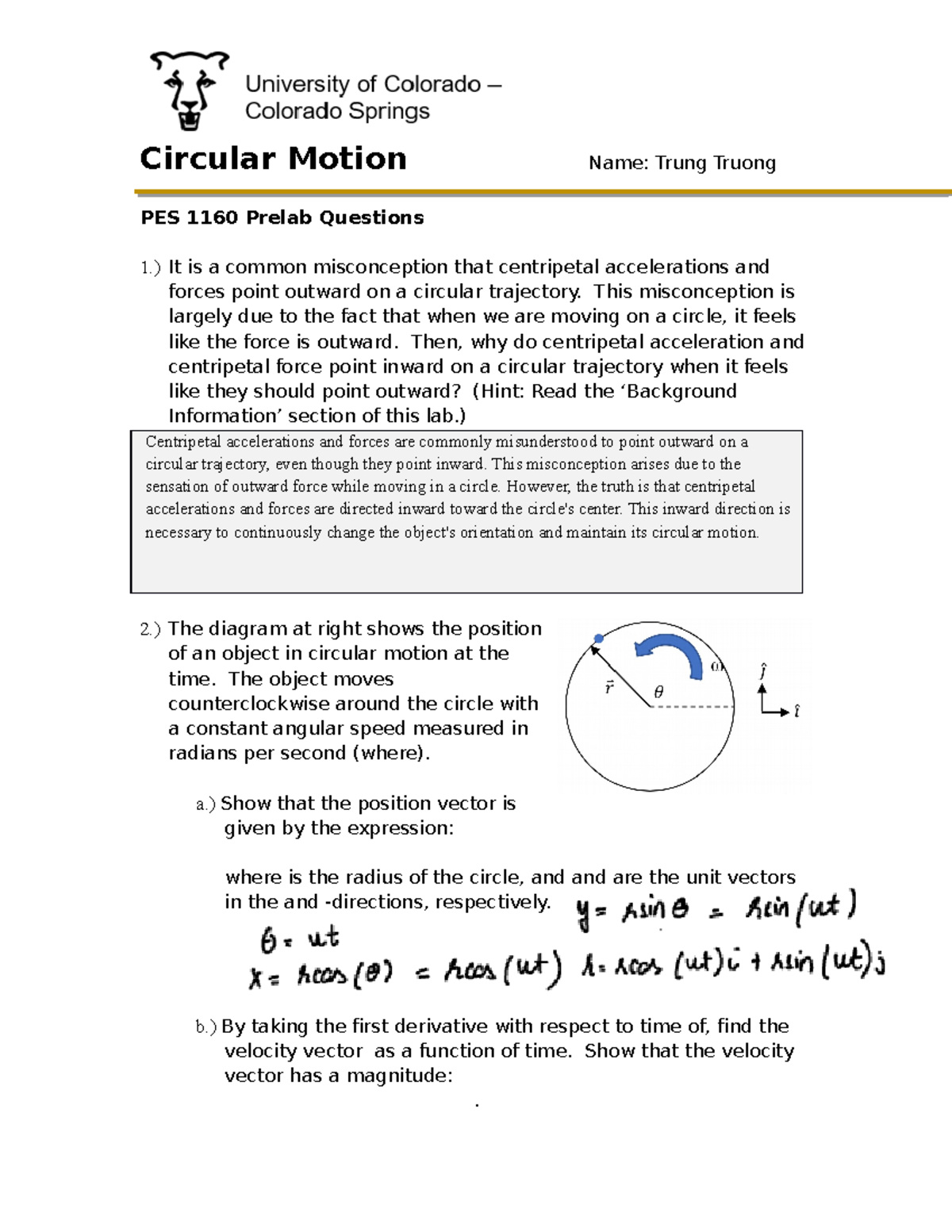 PES1160 lab report - Circular Motion Name: Trung Truong PES 1160 Prelab ...