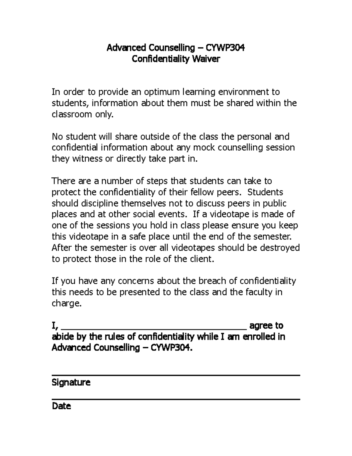 Confidentiality Waiver2015 Advanced Counselling CYWP 304