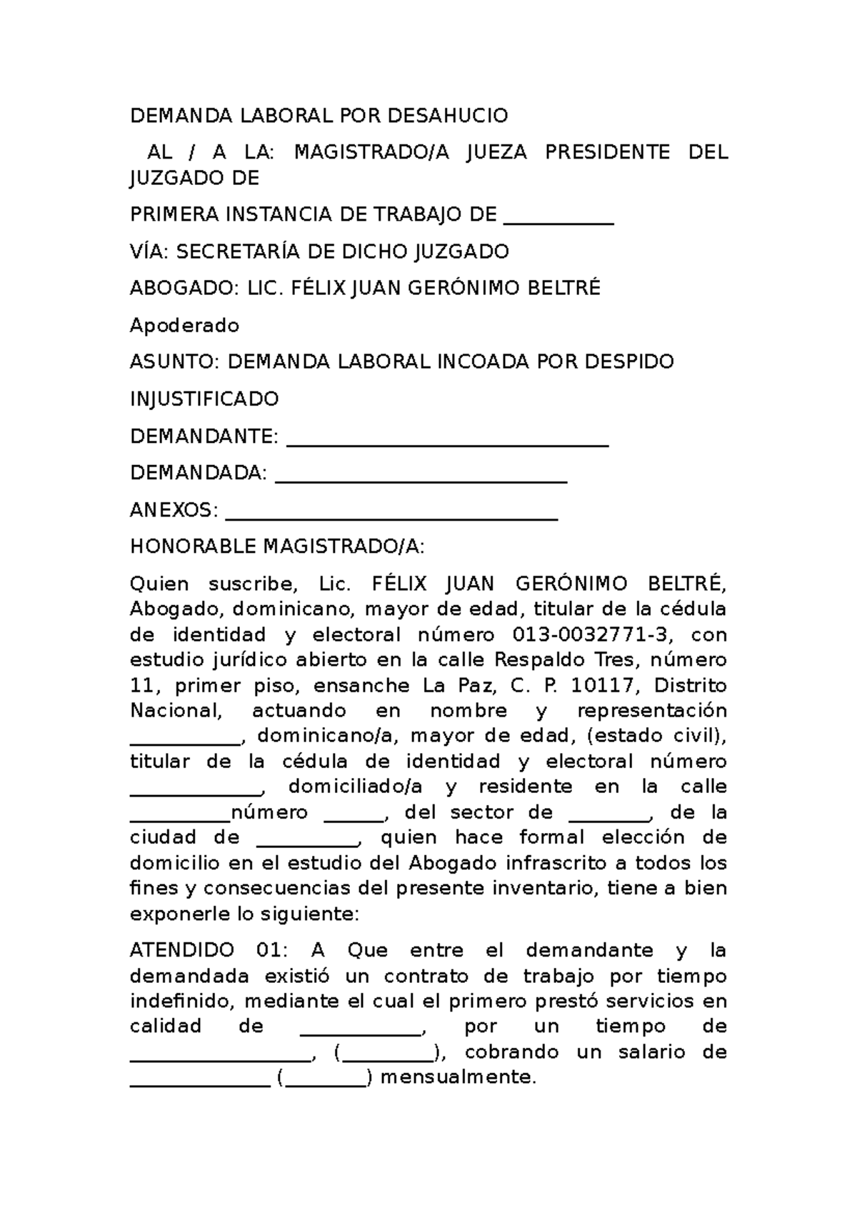 Demanda Laboral POR Desahucio - DEMANDA LABORAL POR DESAHUCIO AL A LA ...