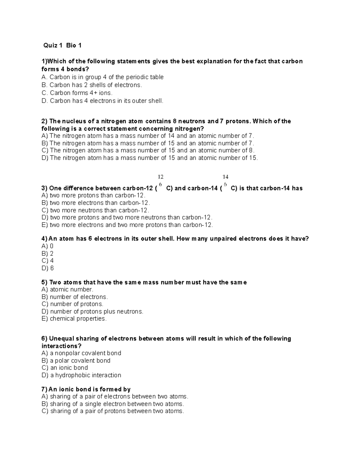 Quiz 1 Bio 1 - Introductory Biology - Quiz 1 Bio 1 1)Which Of The ...