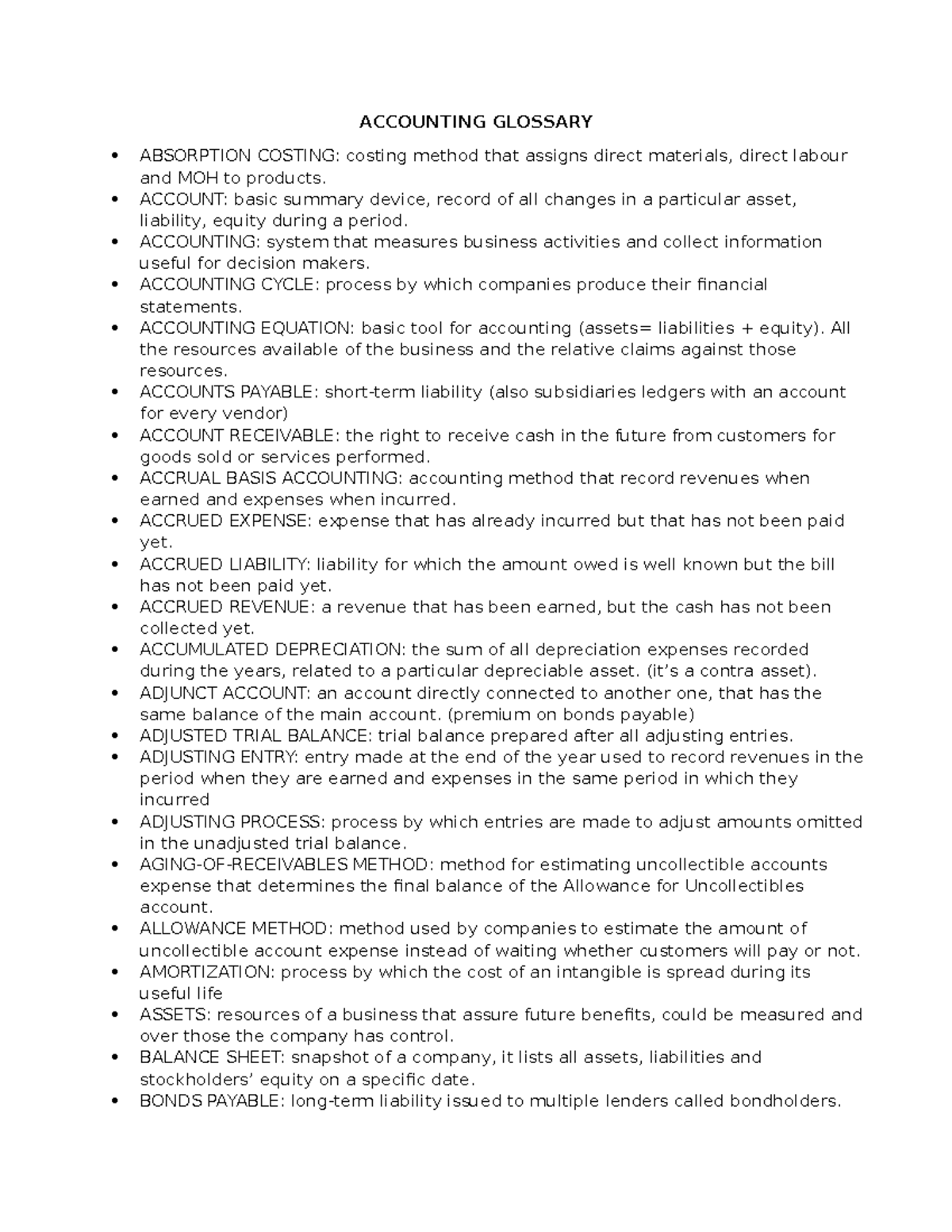 Accounting Glossary ACCOUNTING GLOSSARY ABSORPTION COSTING costing