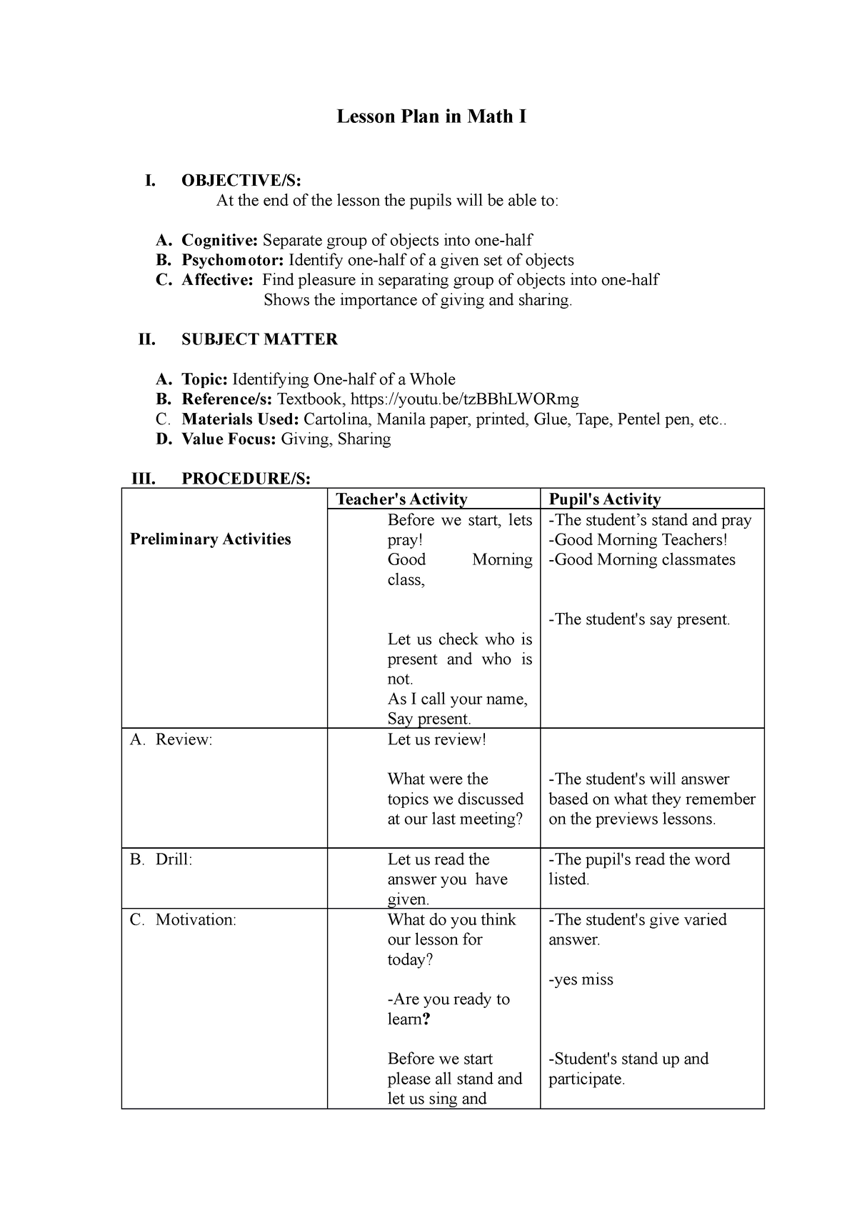 Lesson-Plan-in-Math - lesson plan - Lesson Plan in Math I I. OBJECTIVE ...