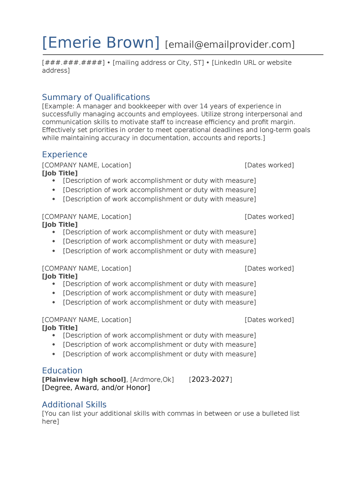 Chronological Resume Template - [emerie Brown] [email@emailprovider 