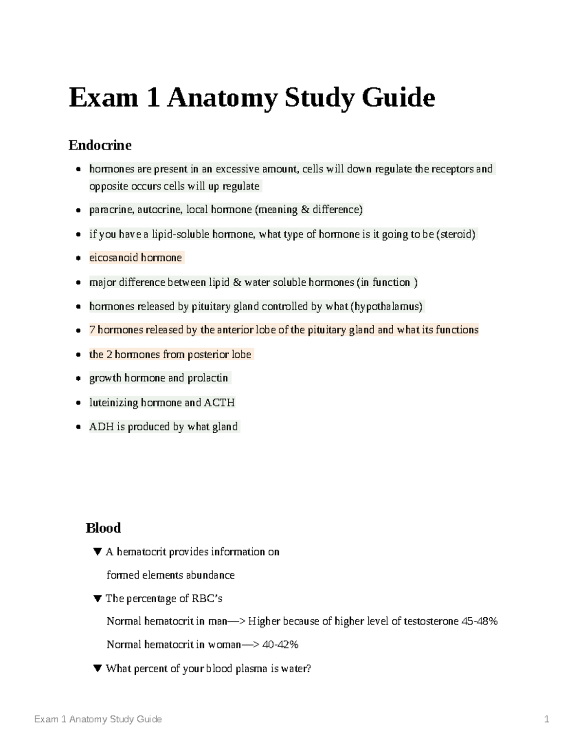 Exam 1 Anatomy Study Guide - Exam 1 Anatomy Study Guide Endocrine ...