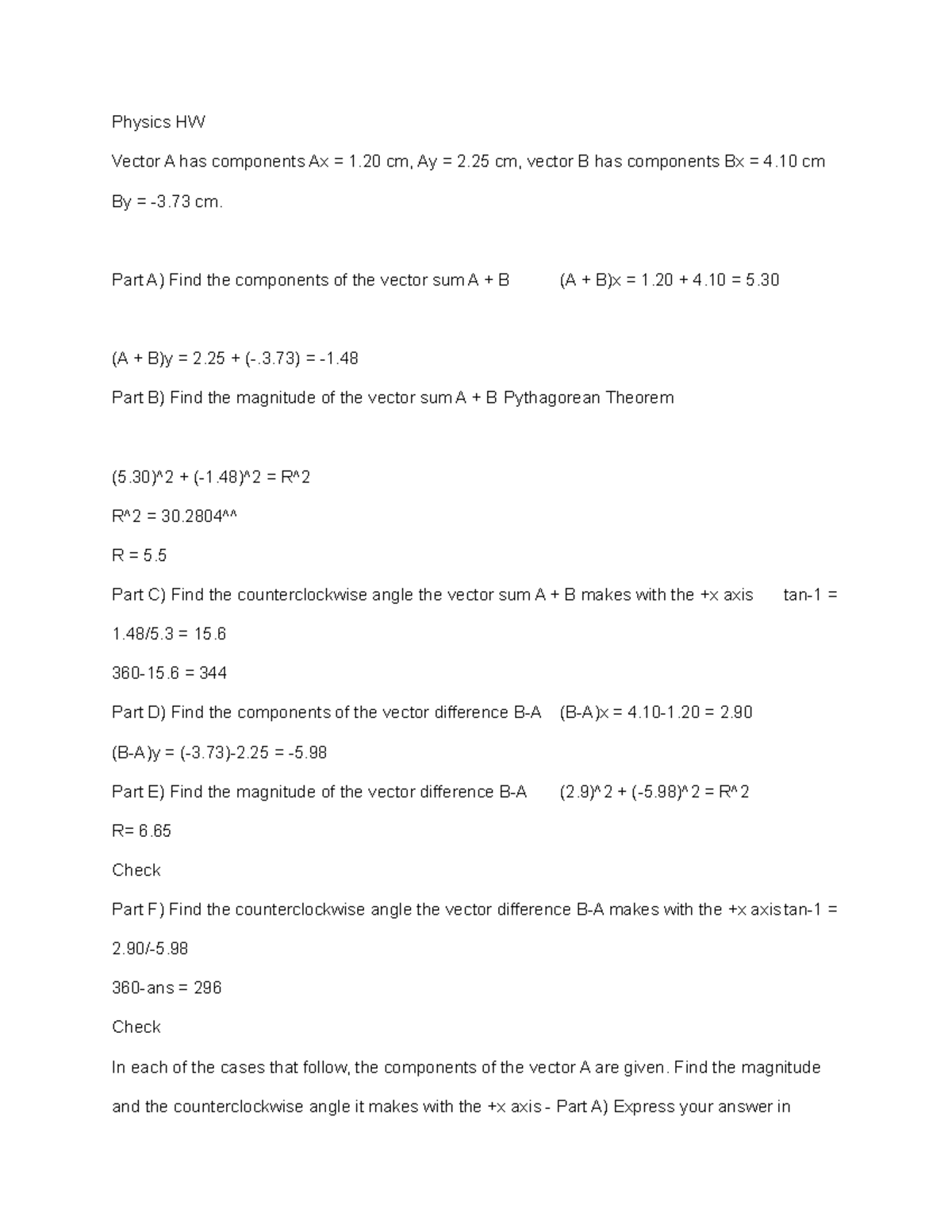 Physics HW - homework/assignment - Physics HW Vector A has components ...