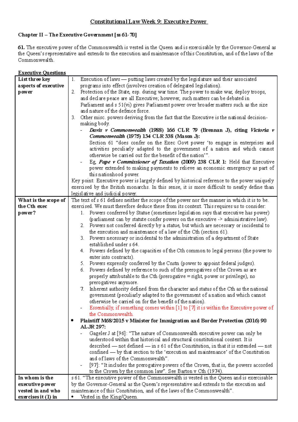 Wk 9 Exec power - Summary notes - Constitutional Law Week 9: Executive ...