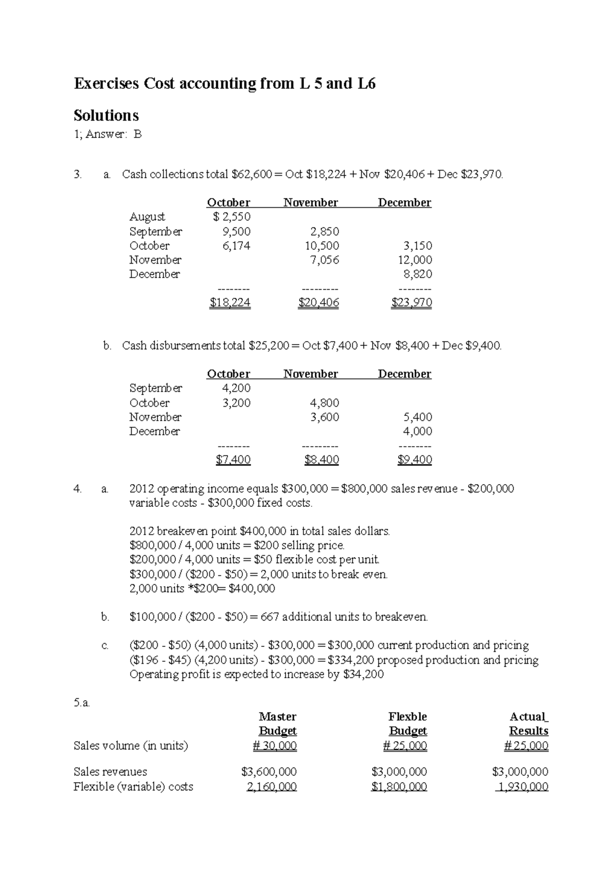 Exercises Cost accounting II L 5 and L 6 Solutions - Exercises Cost ...