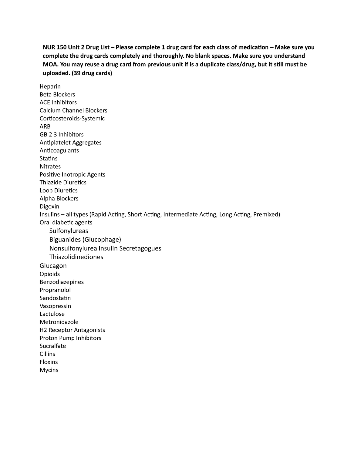 NUR 150 Unit 2 Drug List - Medication list for unit two focusing on PAD ...