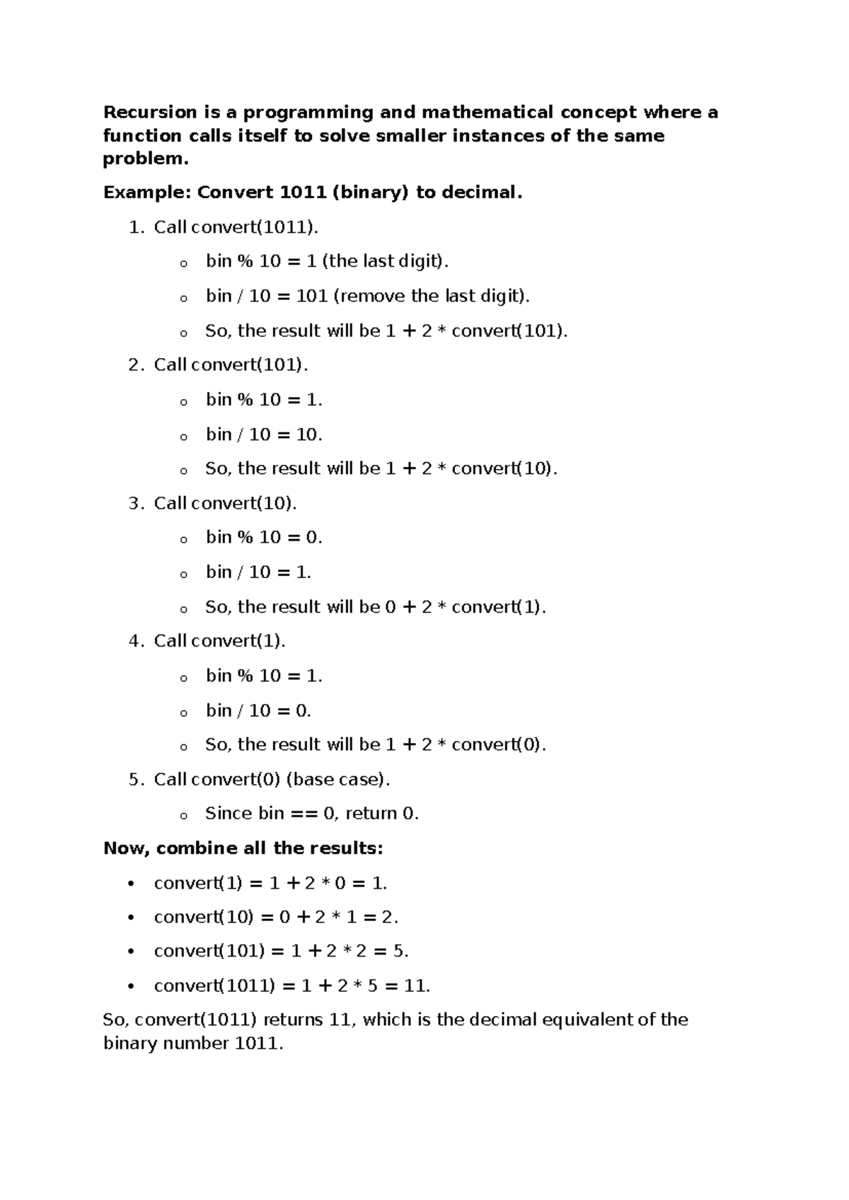 Binary to decimal conversion tracing - Recursion is a programming and ...