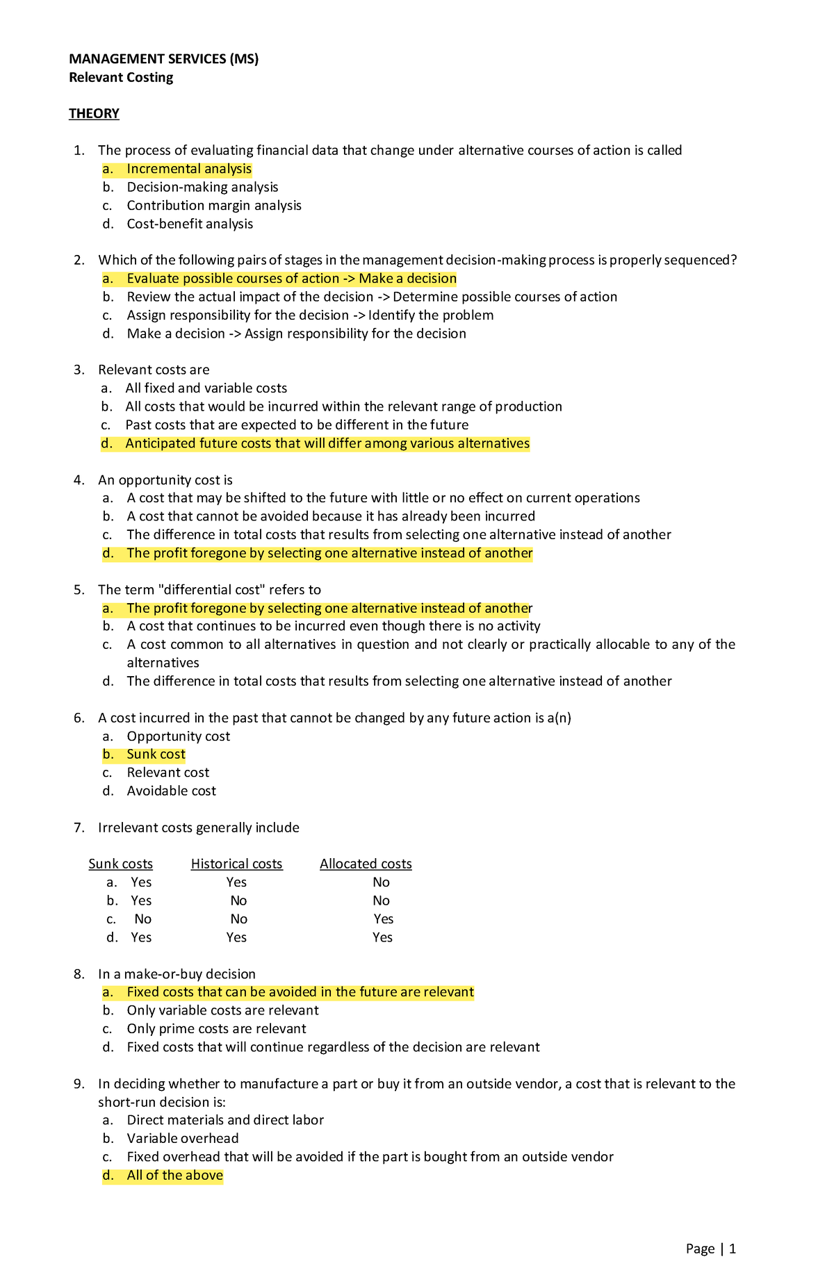 MS Relevant Costing - MANAGEMENT SERVICES (MS) Relevant Costing THEORY ...