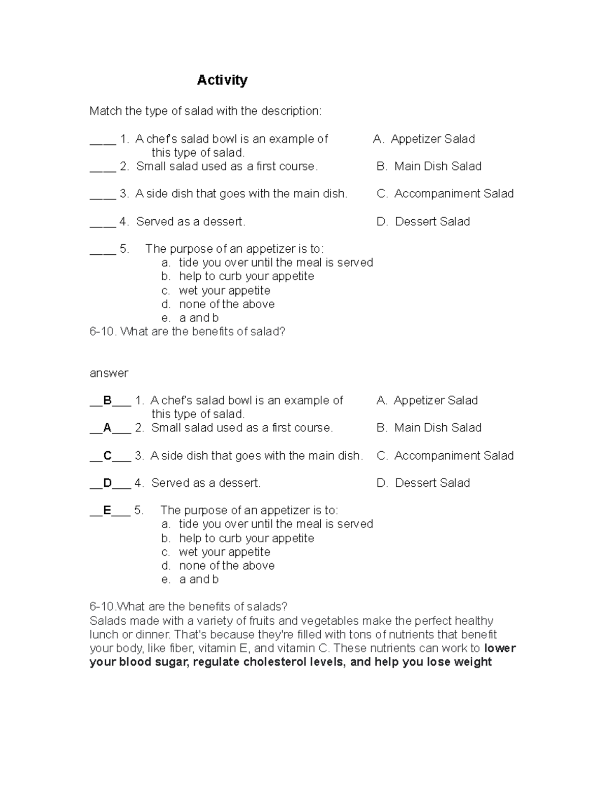 Soup and Salad Study Sheet Key Activity Match the type of salad