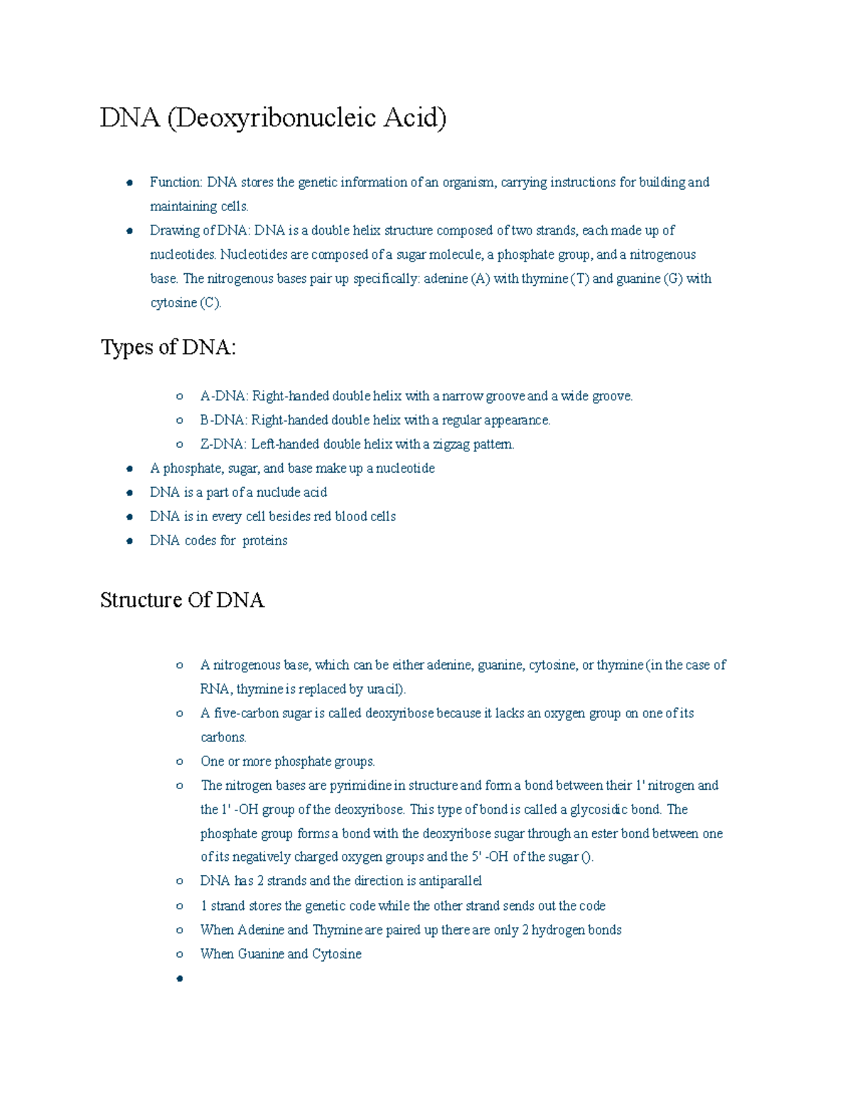 DNA Notes - structure and function - DNA (Deoxyribonucleic Acid ...