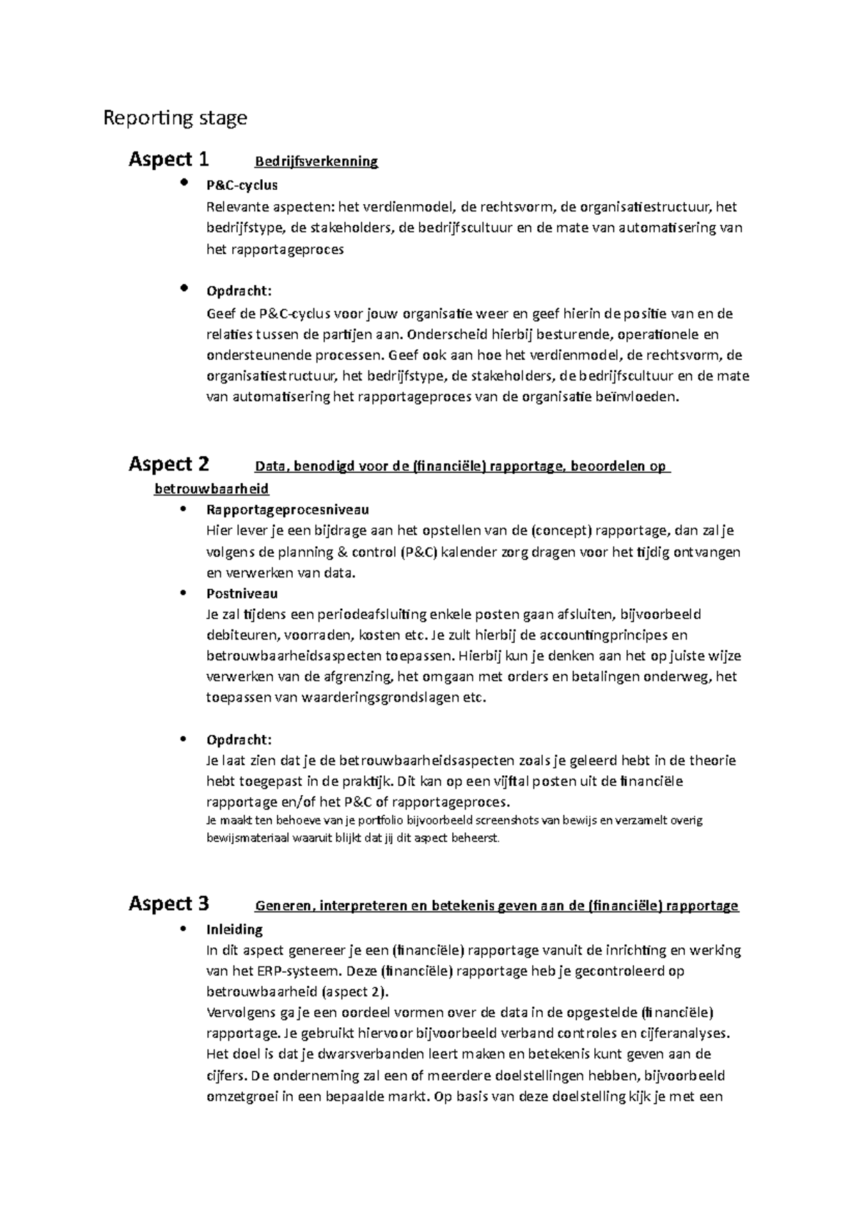 Aspecten 1 tm 7 - Reporting stage Aspect 1 Bedrijfsverkenning P&C ...