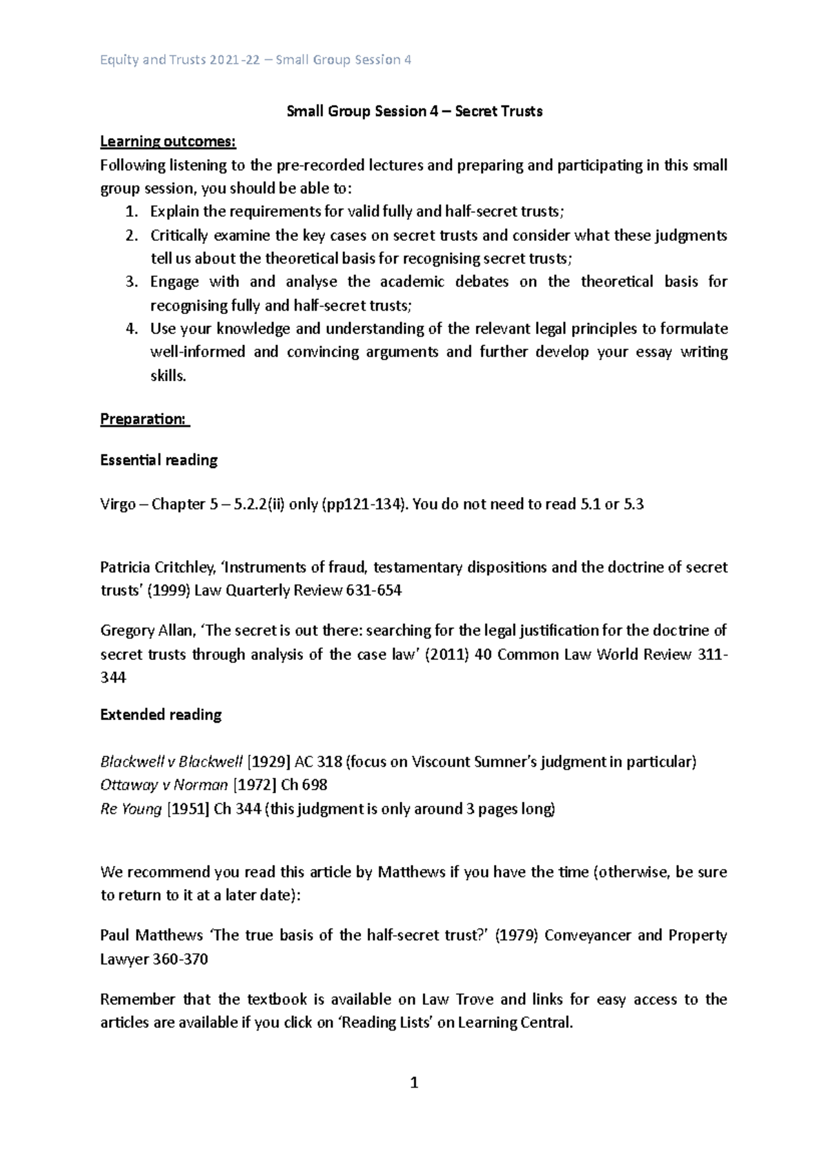 Small group session 4 - worksheet - Equity and Trusts 2021-22 – Small ...