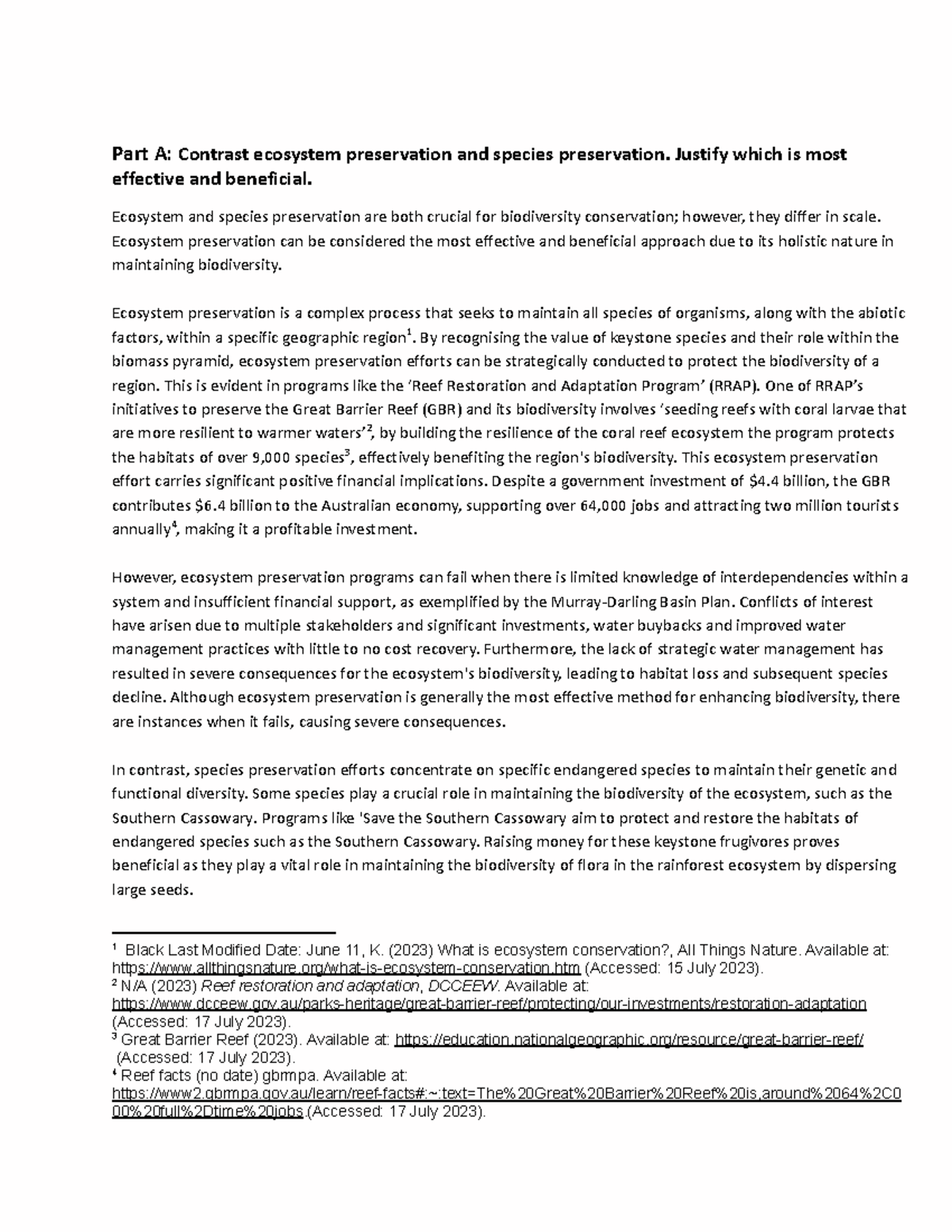 Preliminary Biology Depth Study Ecosystems - Part A: Contrast ecosystem ...