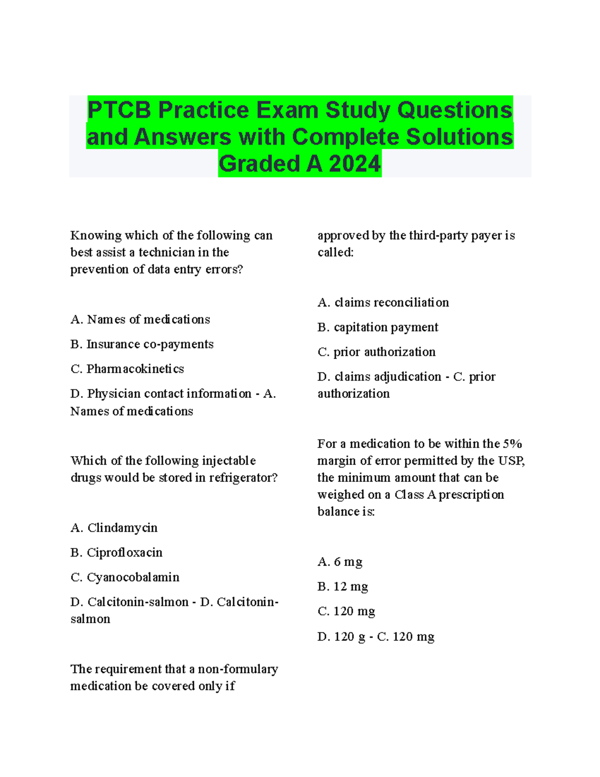 PTCB Practice Exam Study Questions and Answers with Complete Solutions ...