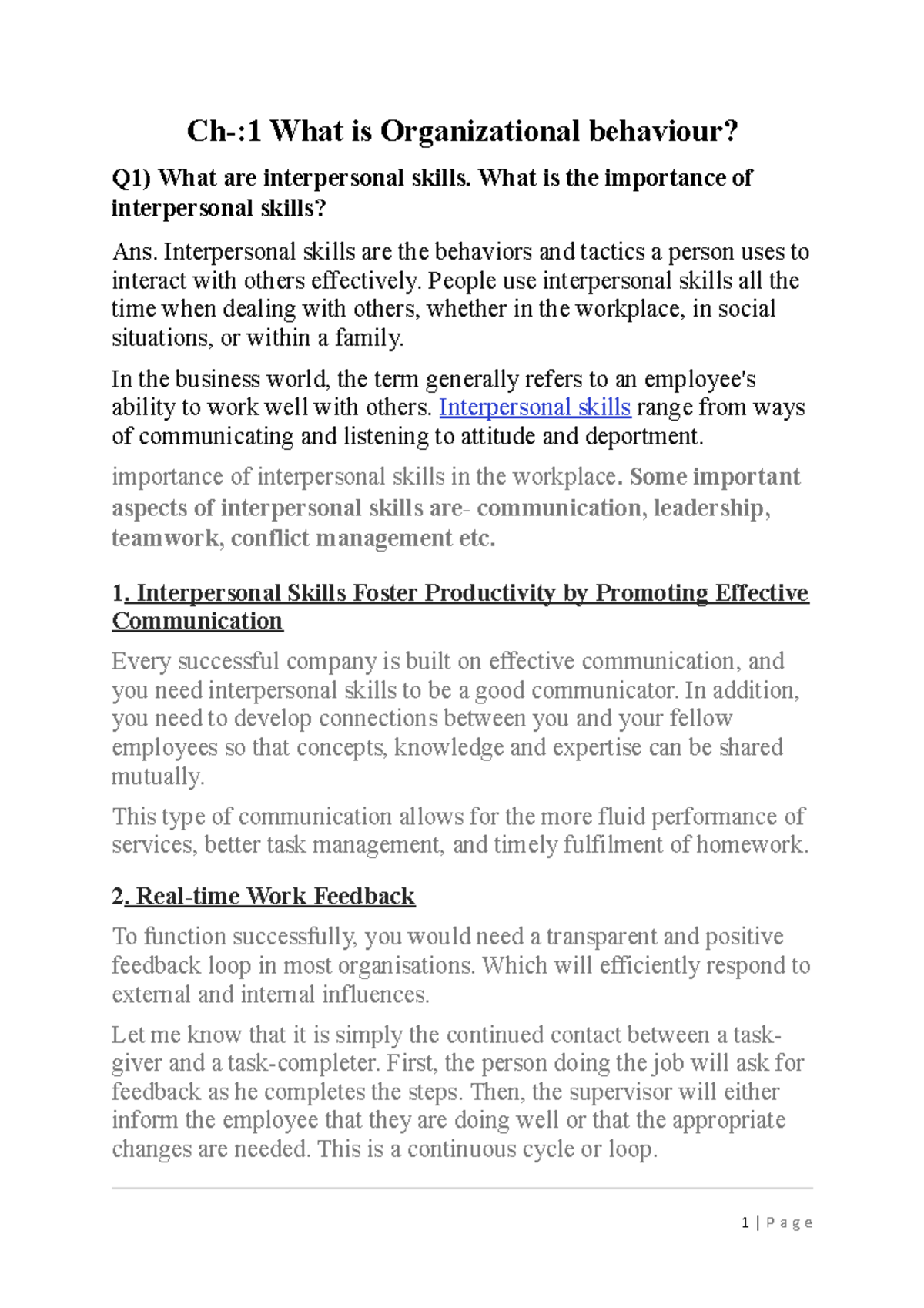 OB CH 1 - notes - Ch-:1 What is Organizational behaviour? Q1) What are ...