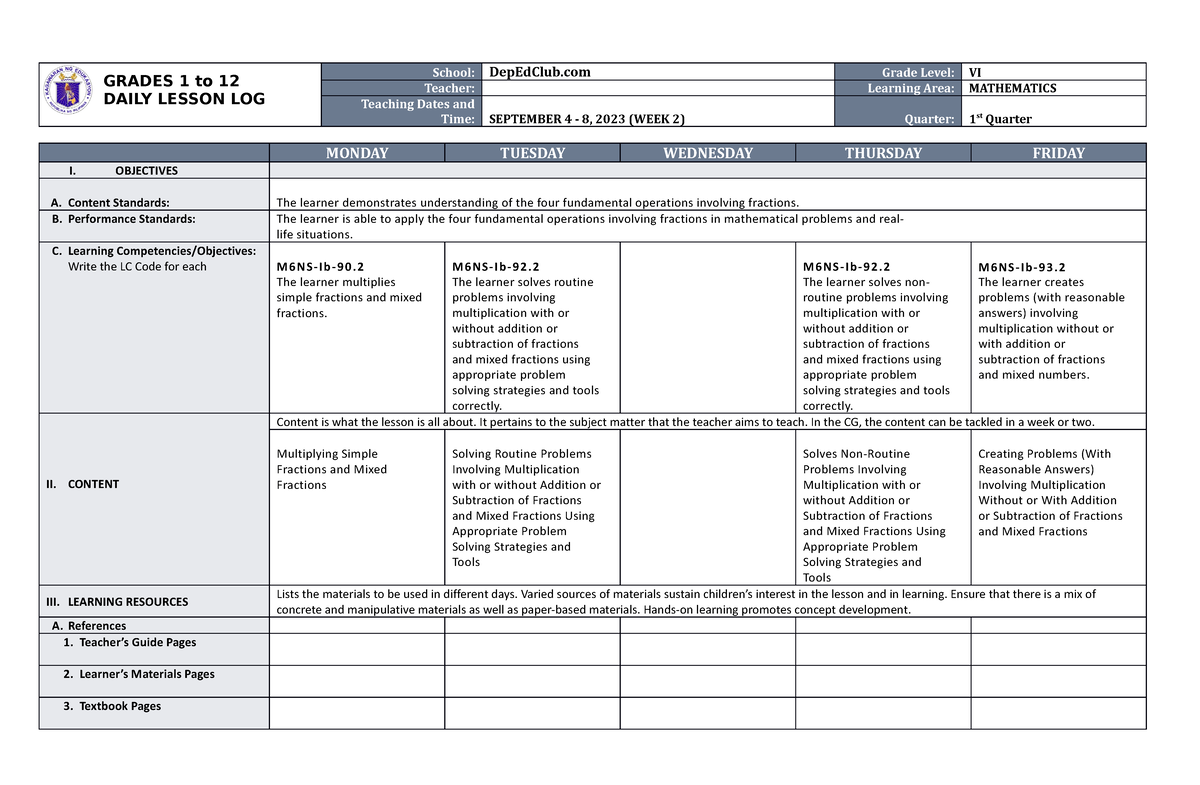 DLL Mathematics 6 Q1 W2 - GRADES 1 To 12 DAILY LESSON LOG School ...