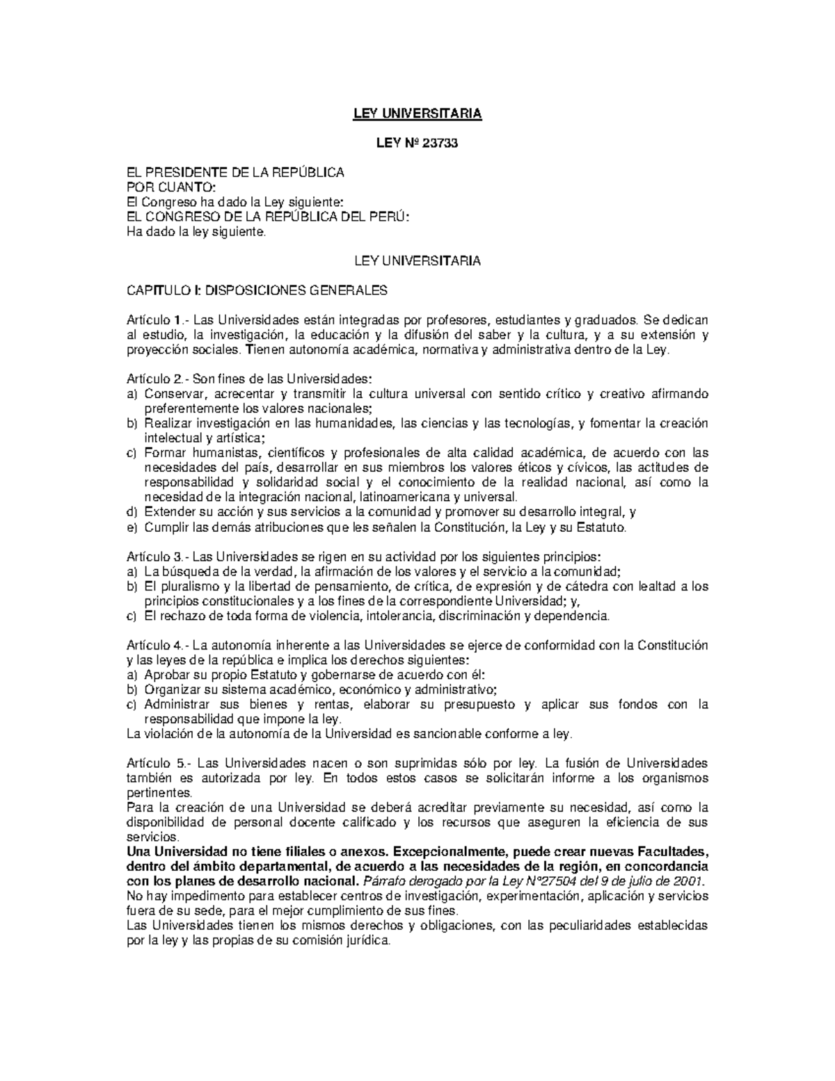 Ley Universitaria actualizada 020508 LEY UNIVERSITARIA LEY Nº 23733