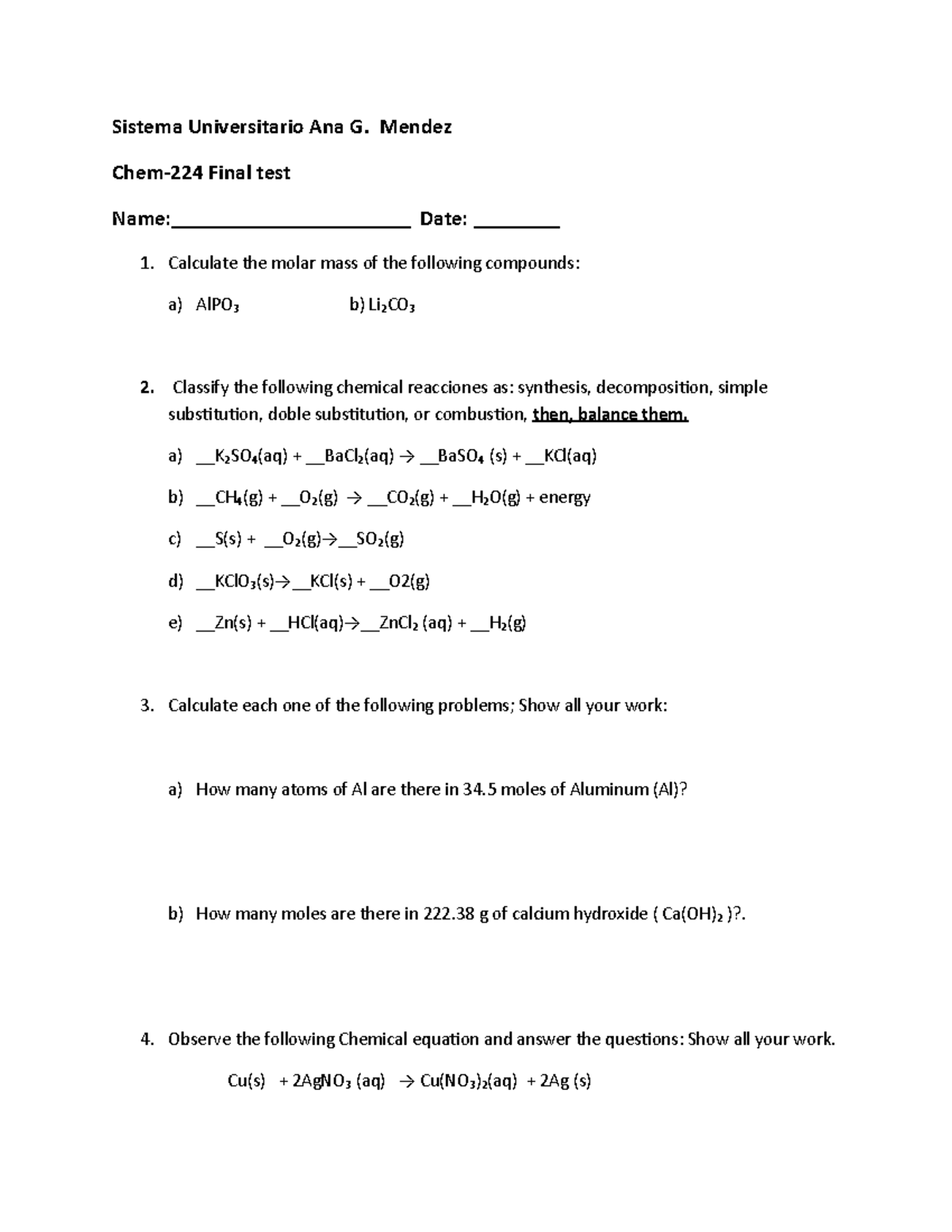 Chem-224-final test 1-2020-2 - Sistema Universitario Ana G. Mendez Chem ...