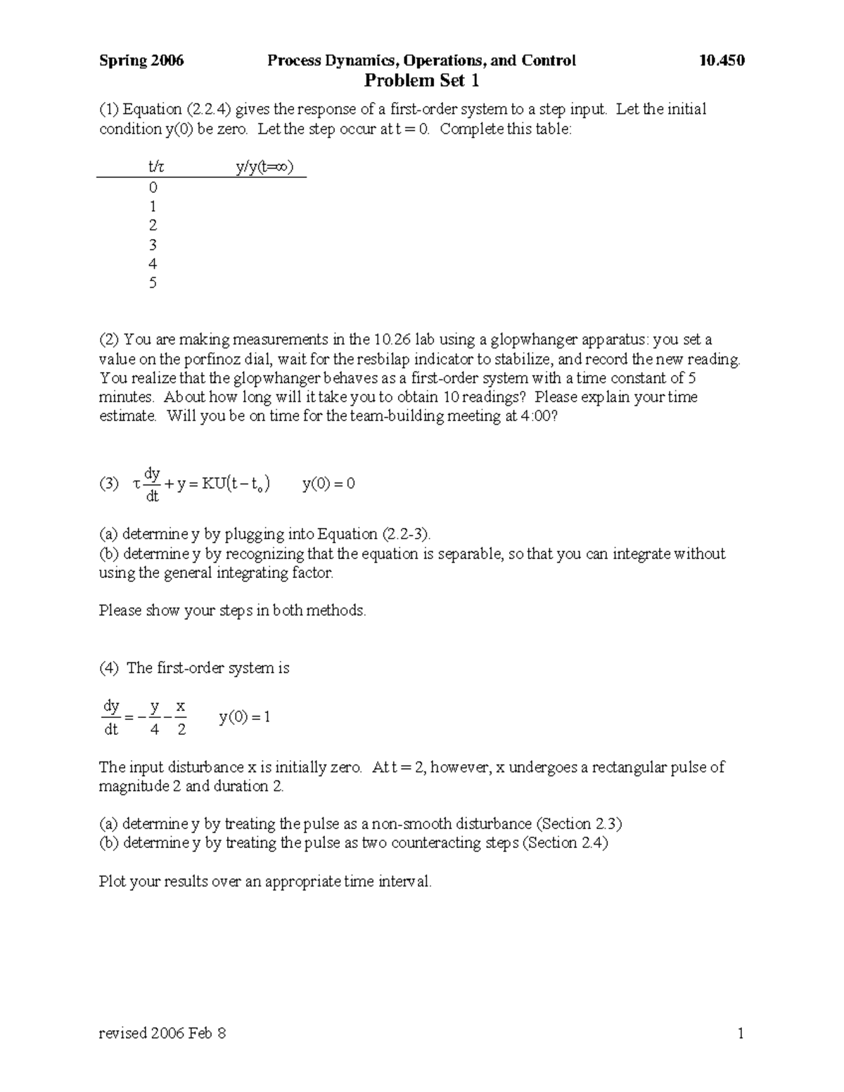 CHE 420 Problem Set 1 - Spring 2006 Process Dynamics, Operations, And ...