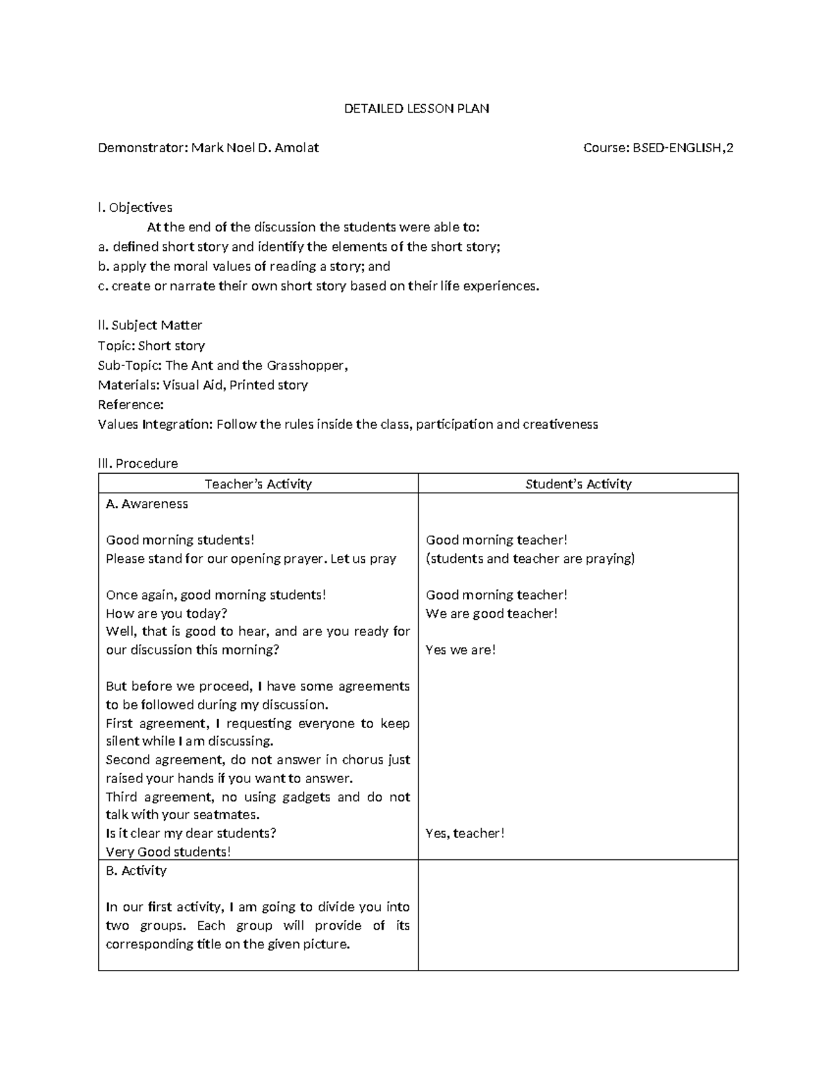 My Lesson PLan for DEMO - DETAILED LESSON PLAN Demonstrator: Mark Noel ...