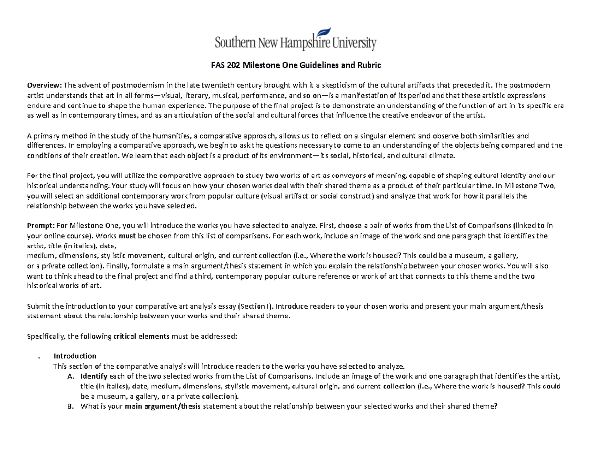 Milestone One - n/a - FAS 202 Milestone One Guidelines and Rubric ...