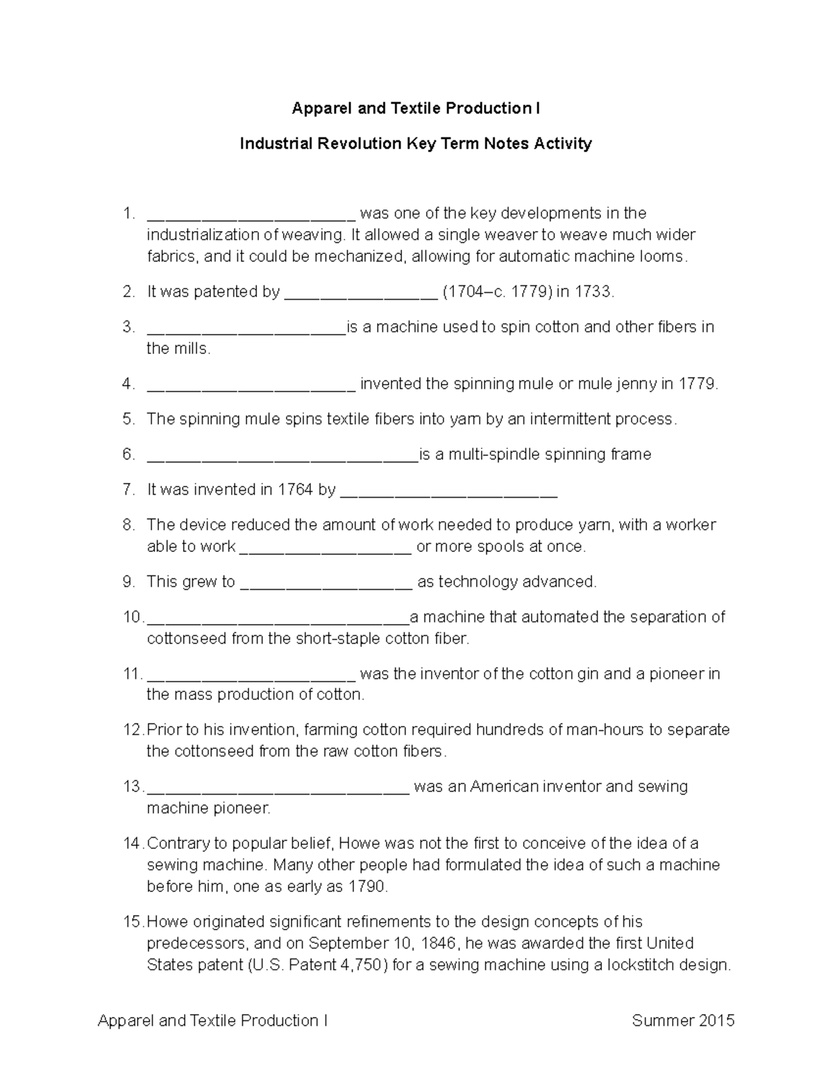 Industrial Revolution Key Term Notes a - Apparel and Textile Production ...