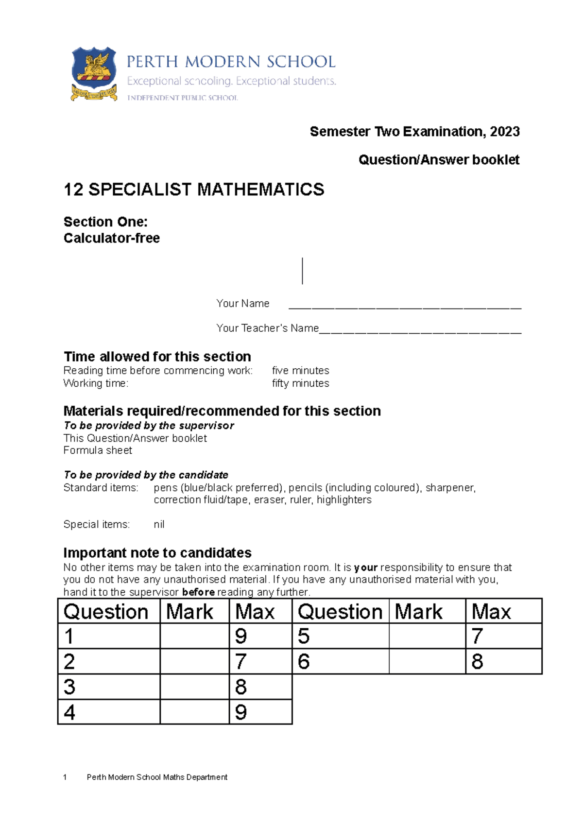 12 Spec Sems Two Calc Free Exam 2023 Semester Two Examination, 2023 Question/Answer booklet 12