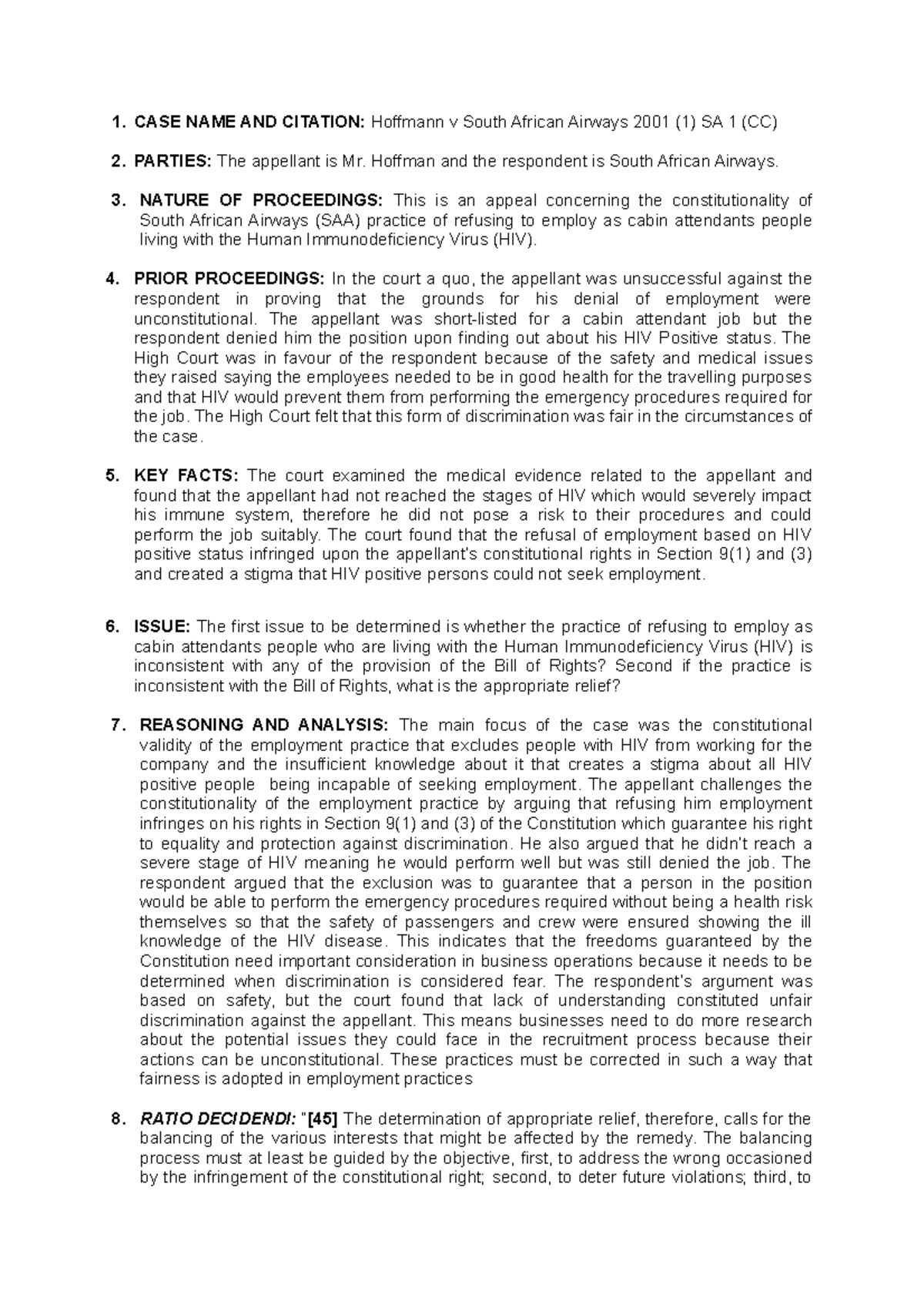 Example OF A CASE Summary - CASE NAME AND CITATION: Hoffmann v South ...