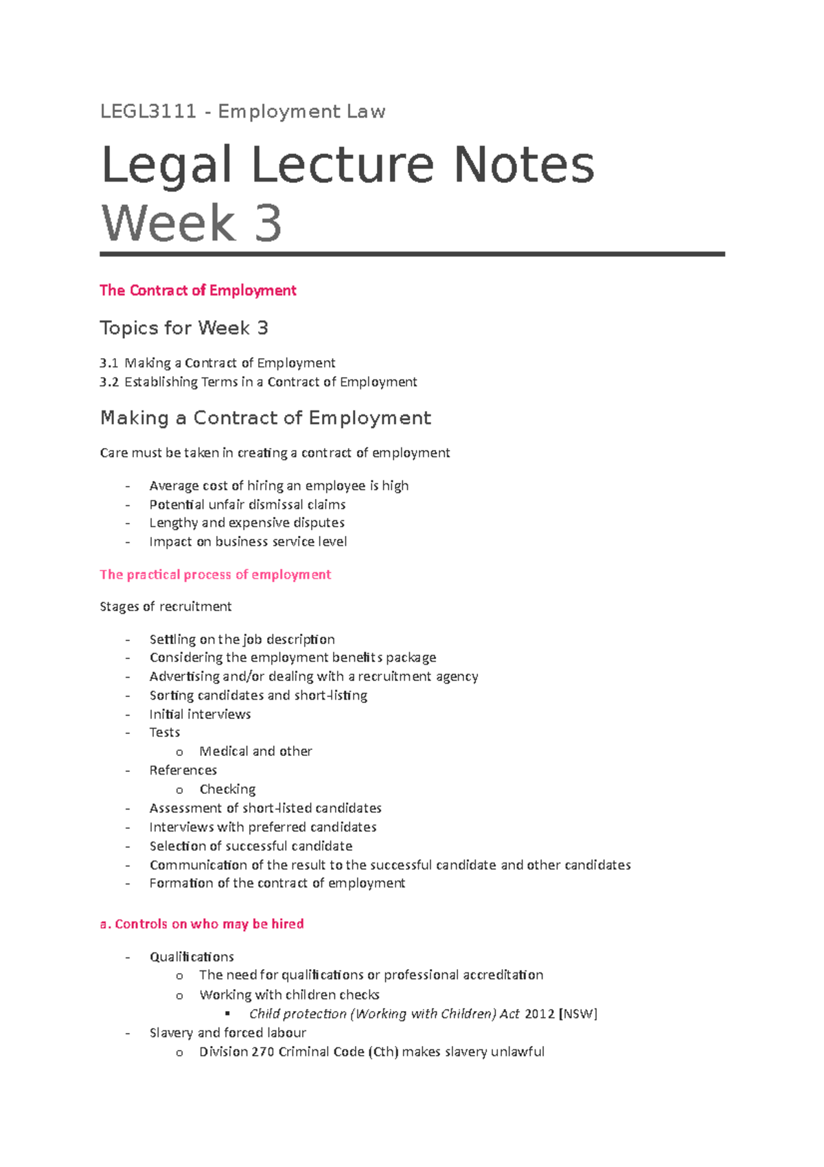 Week 3 Lecture notes - LEGL3111 - Employment Law Legal Lecture Notes ...