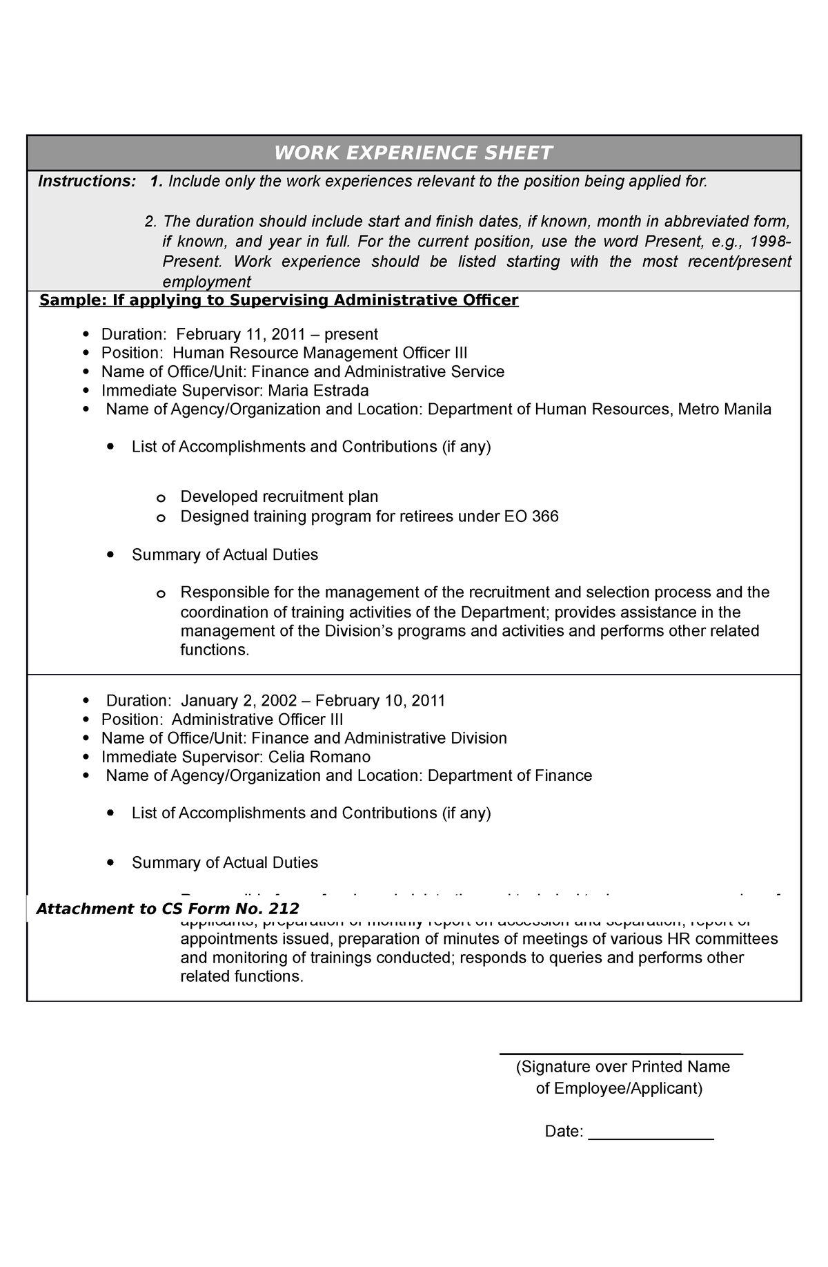 CS Form No. 212 Attachment - Work Experience Sheet - WORK EXPERIENCE ...