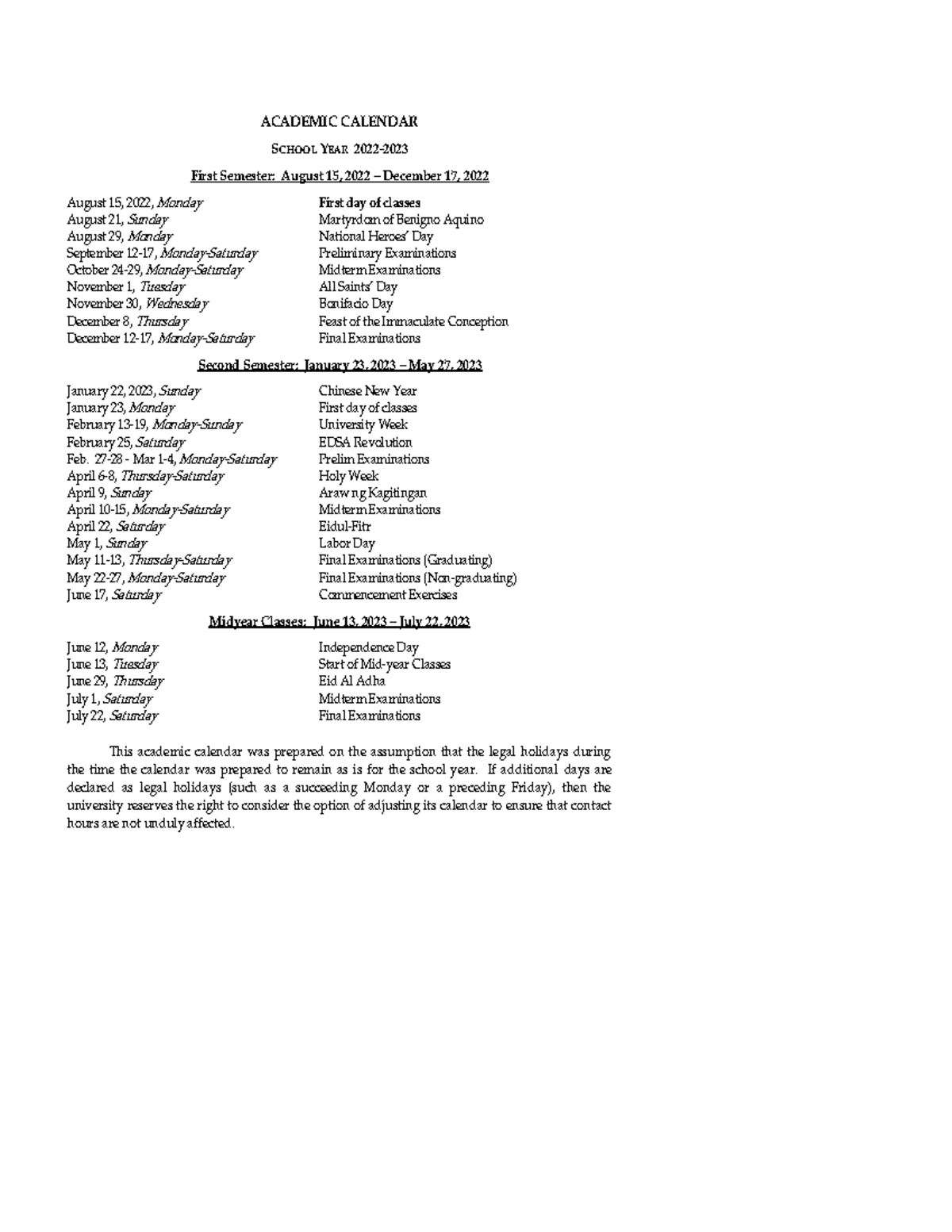 COL General Infomration 20222023 - ACADEMIC CALENDAR SCHOOL YEAR 2022