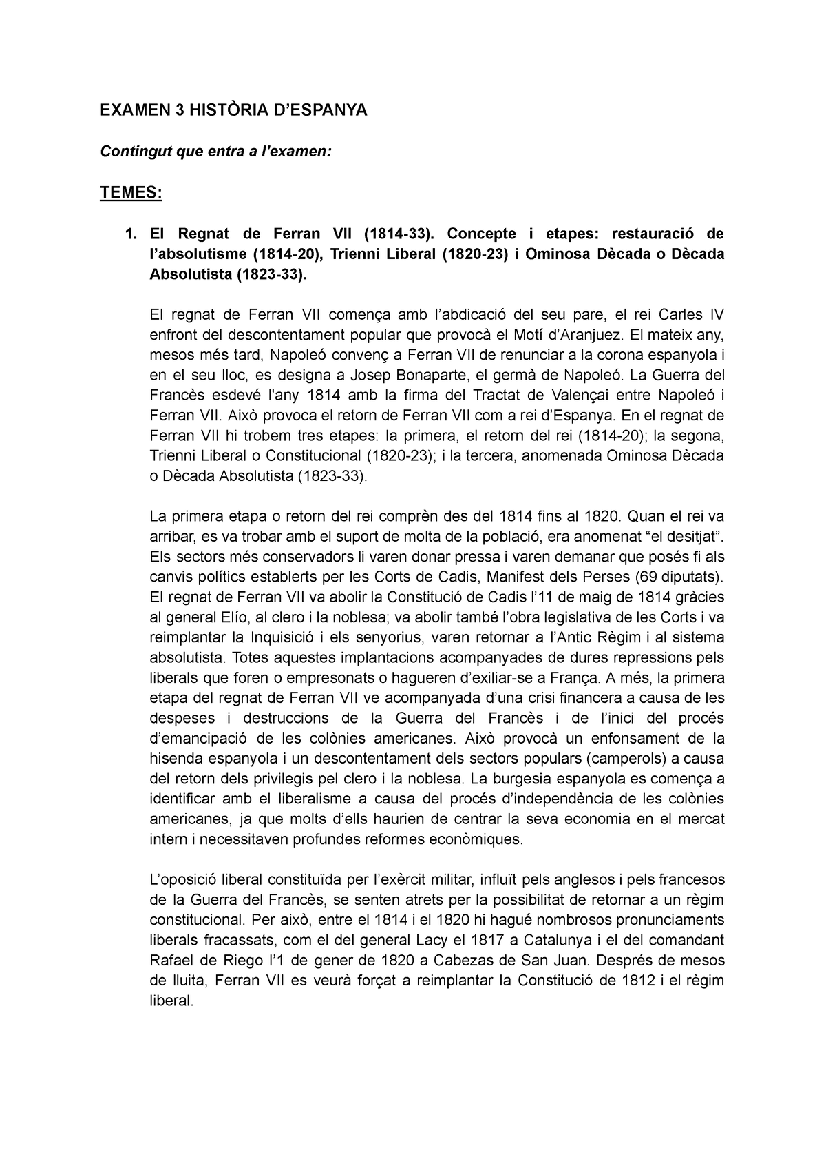 TEMA 2 SELE Histã RIA - EXAMEN 3 HISTÒRIA D’ESPANYA Contingut Que Entra ...