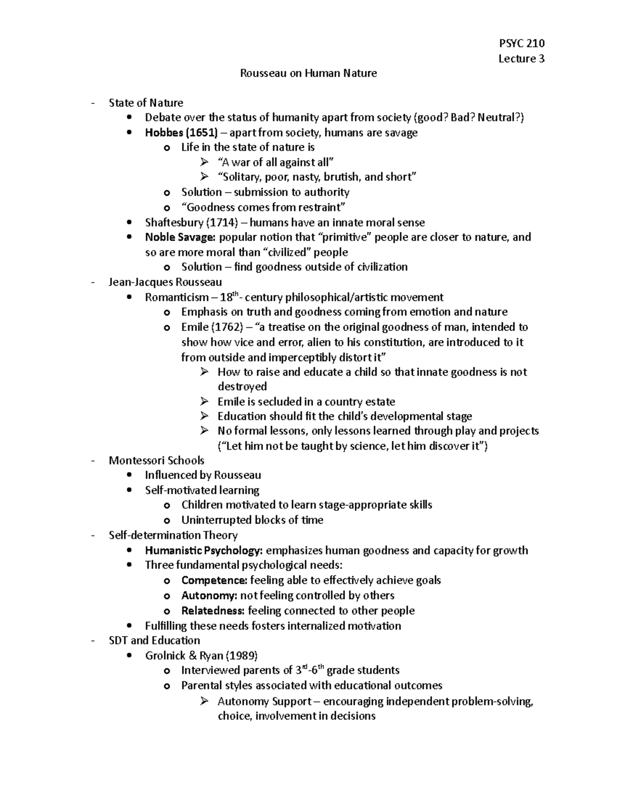 Lecture 3 - Class notes - PSYC 210 Lecture 3 Rousseau on Human Nature ...