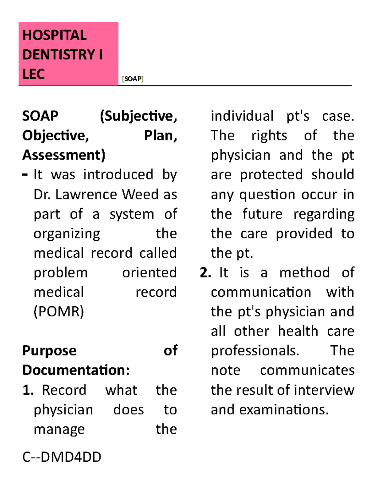 Hospital Dentistry Soap Subjective Objective Plan Assessment