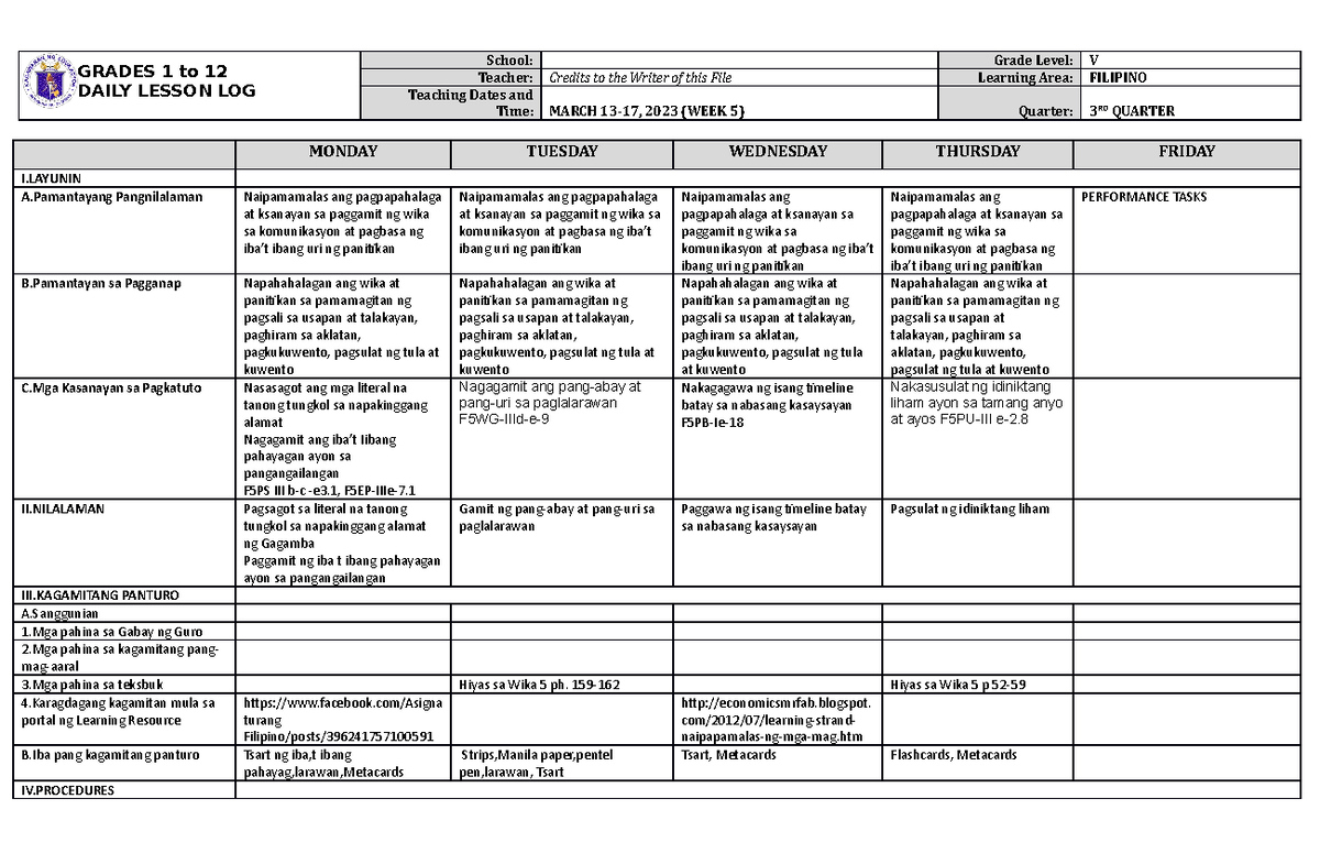 DLL Filipino 5 Q3 W5 - Daily lesson log - GRADES 1 to 12 DAILY LESSON ...
