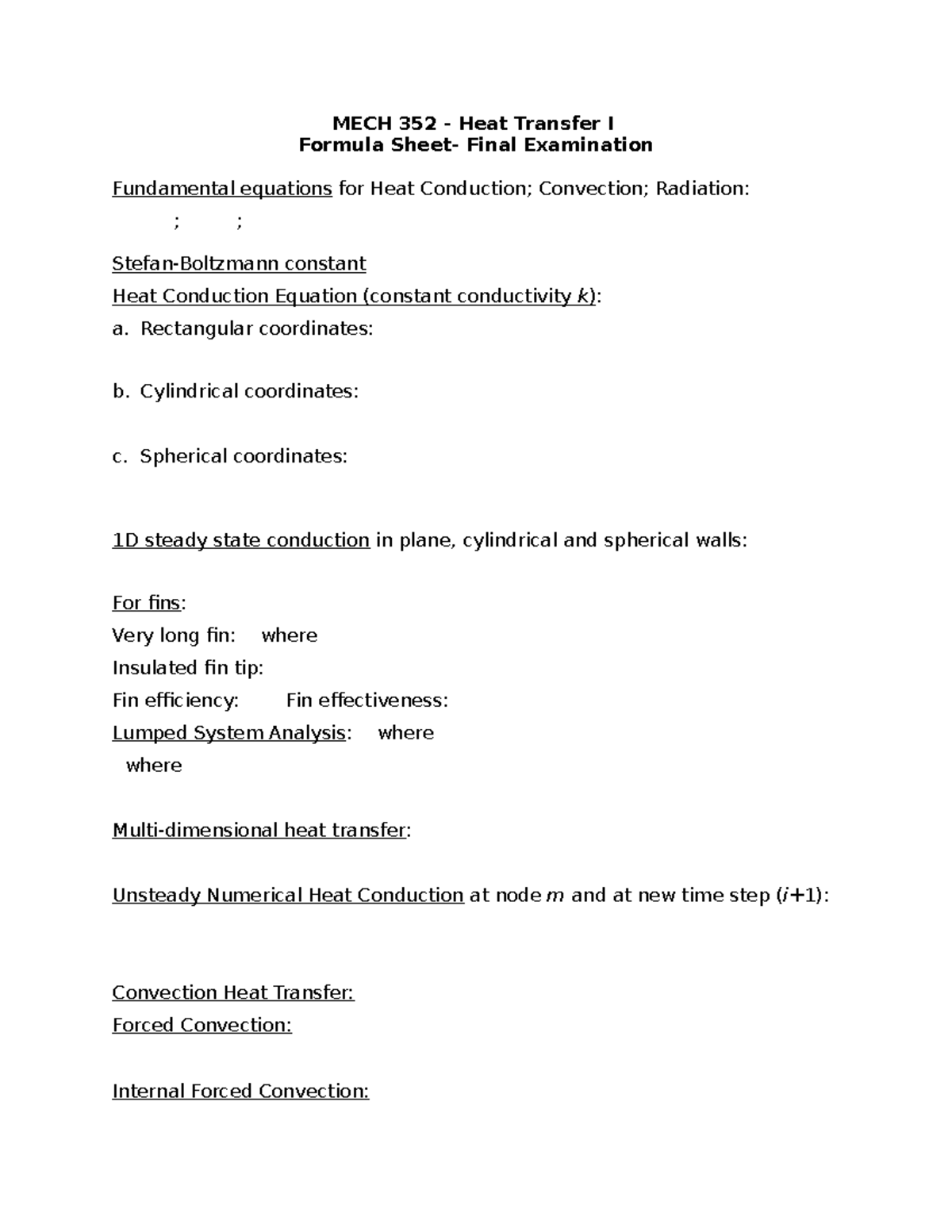 Final exam - Formula Sheet - MECH 352 - Heat Transfer I Formula Sheet ...