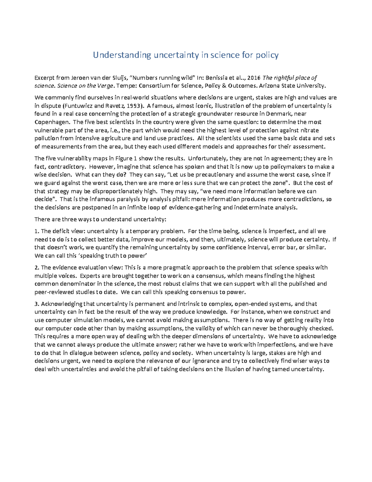 Case Study Uncertaintyin Sciencefor Policy 2019 W1 - Warning: TT ...