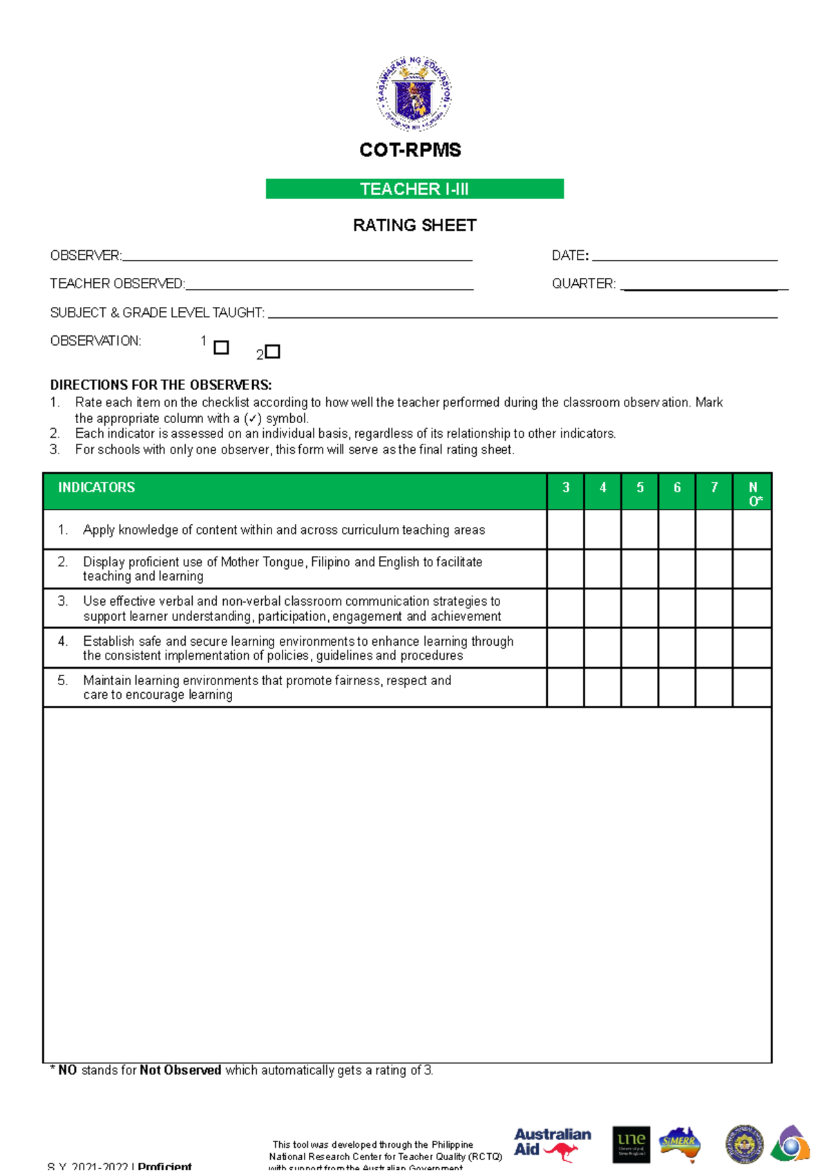 Jovie 1st COTForm LP FOR EDUCATION COTRPMS TEACHER IIII RATING SHEET OBSERVER DATE