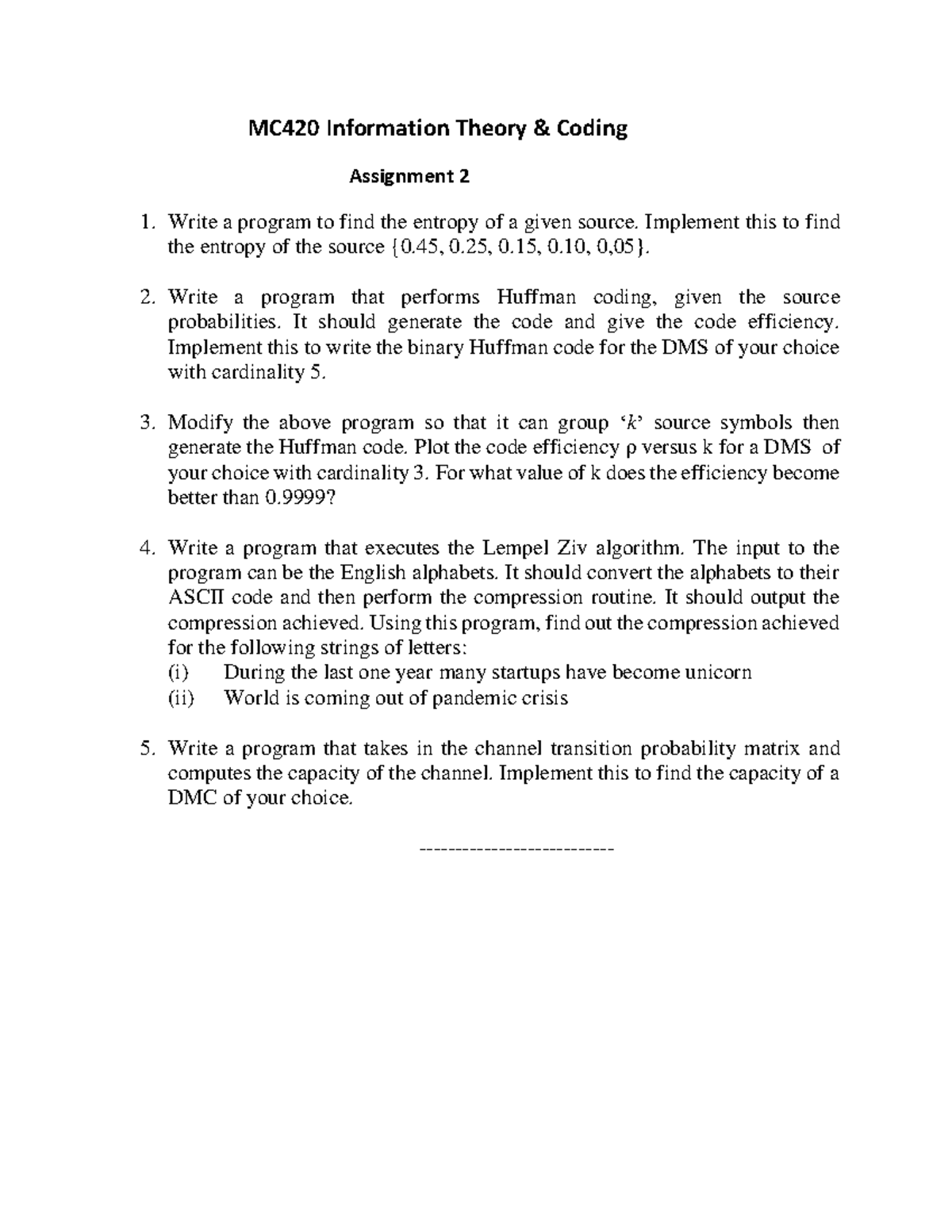 Assignment 2 - MC420 Information Theory & Coding Assignment 2 Write a ...
