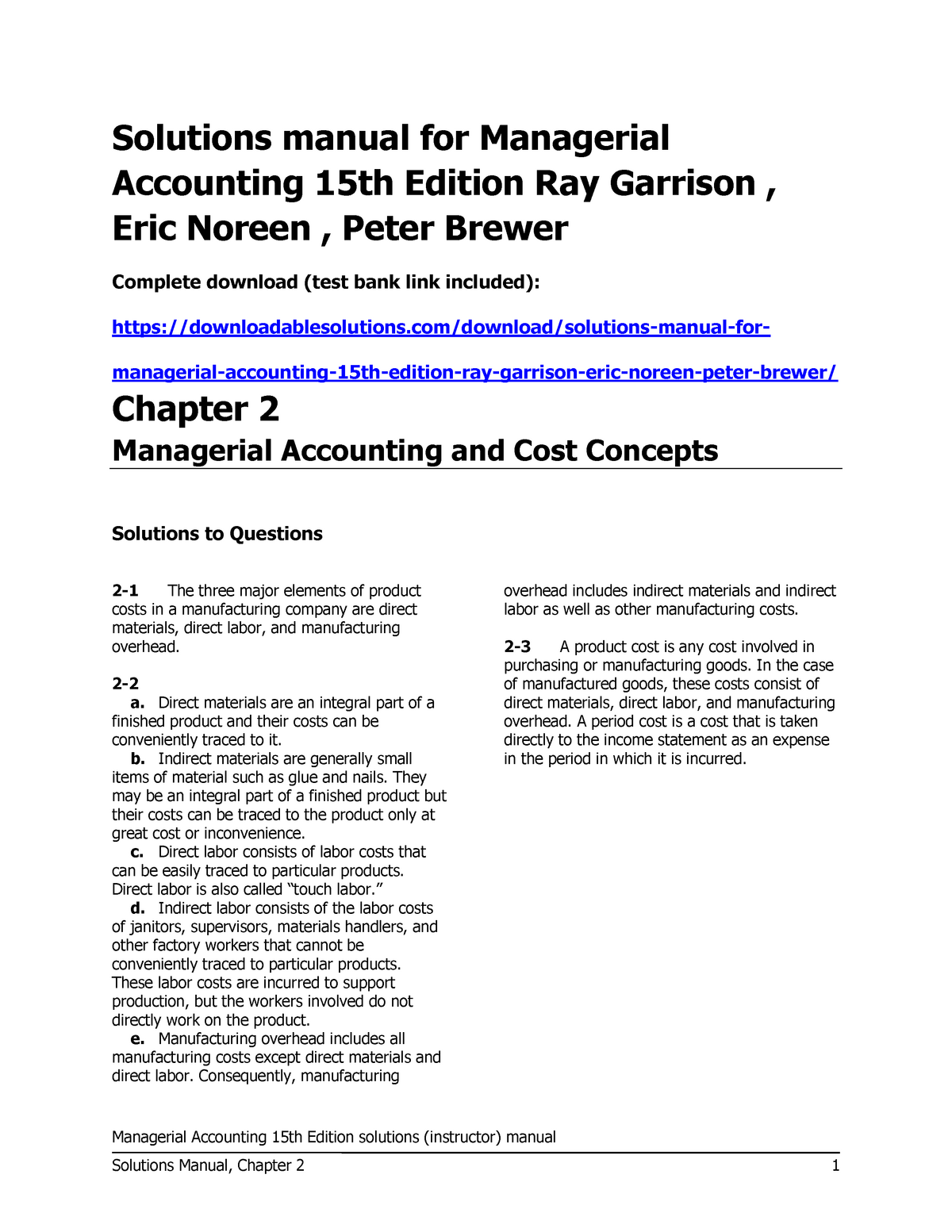Managerial Accounting 15th Edition Garrison Solutions Manual Studocu