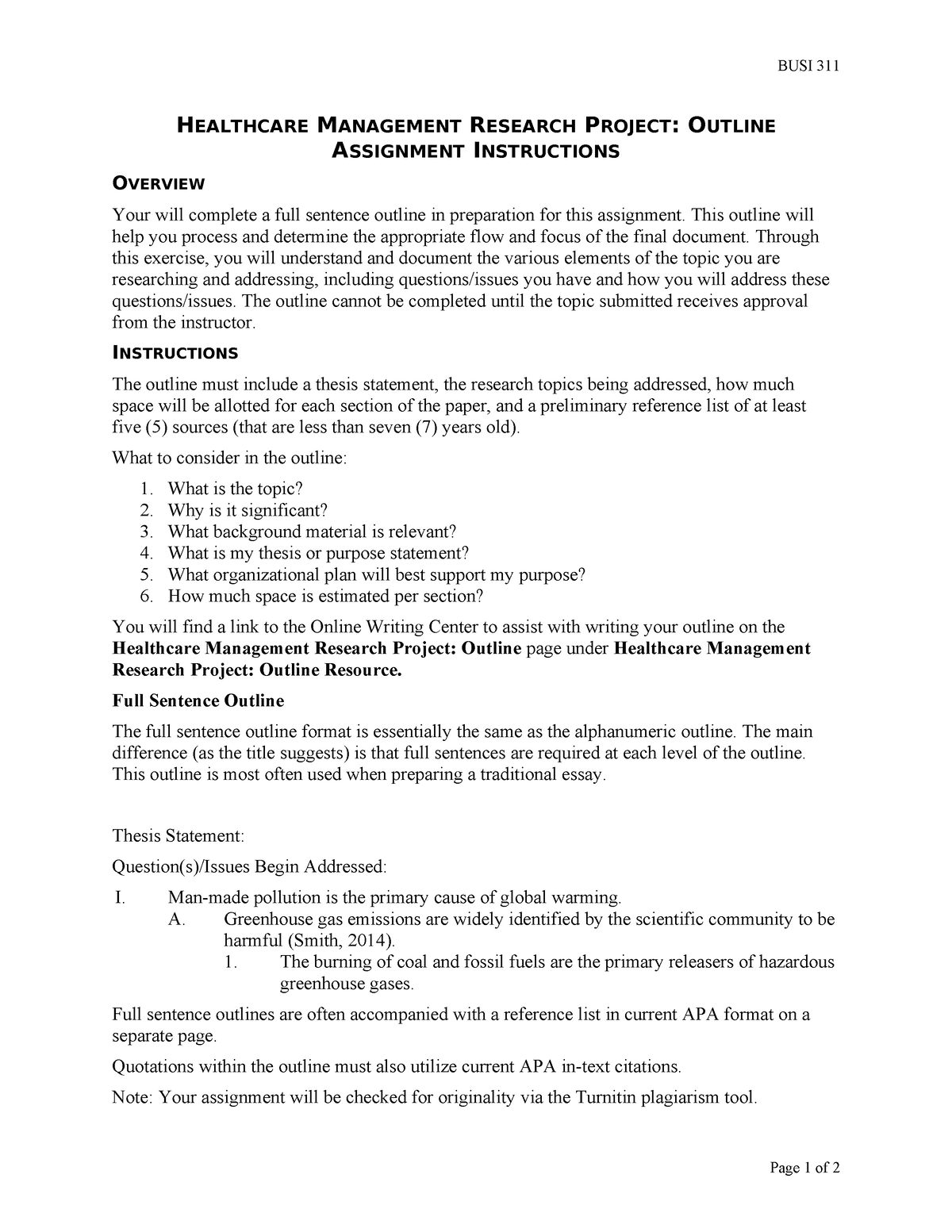 healthcare management research project outline assignment