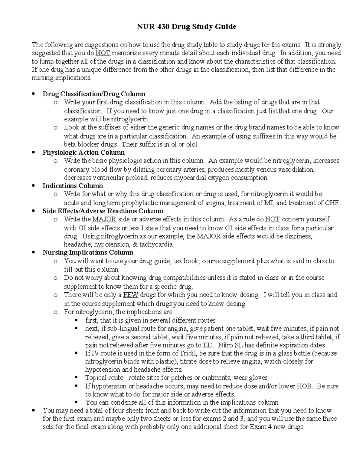 Drug Study Guide - NUR 430 Drug Study Guide The following are ...