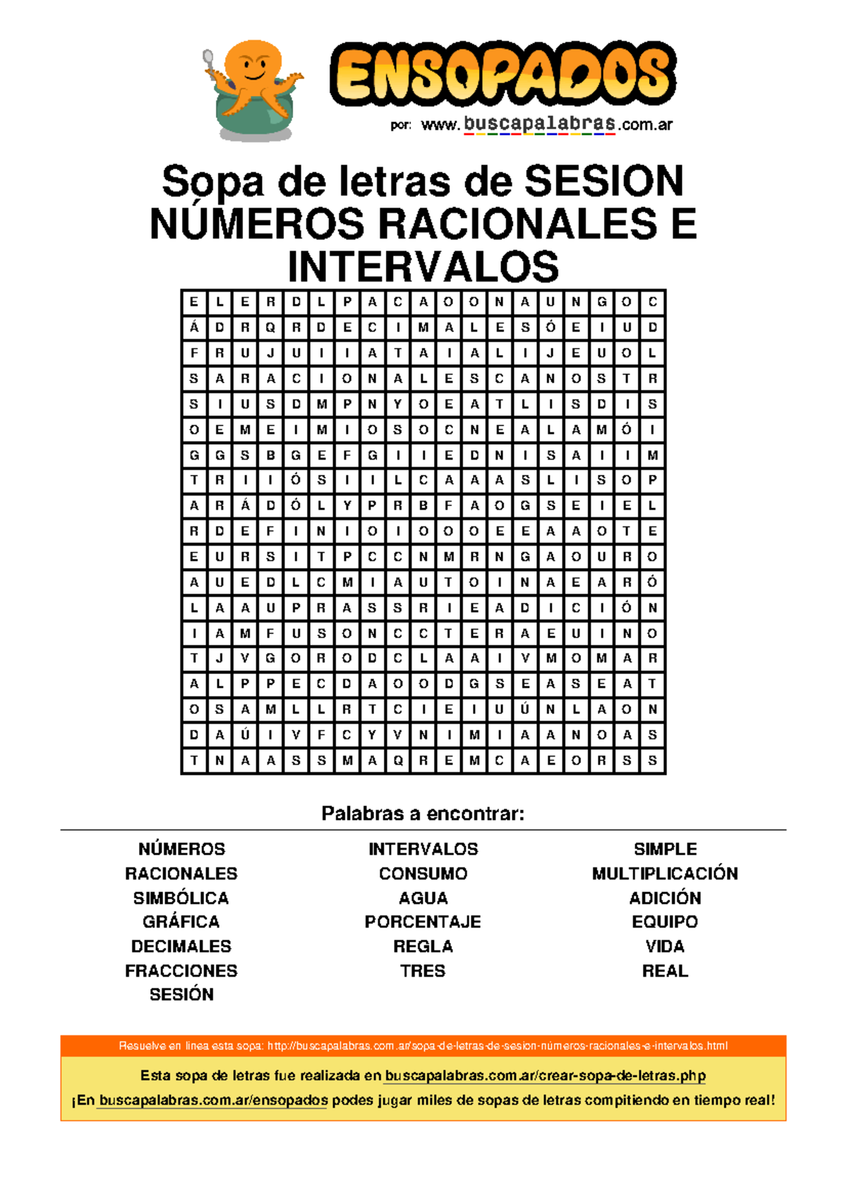 Sopa De Letras De Sesion Números Racionales E Intervalos Sopa De Letras De Sesion NÚmeros