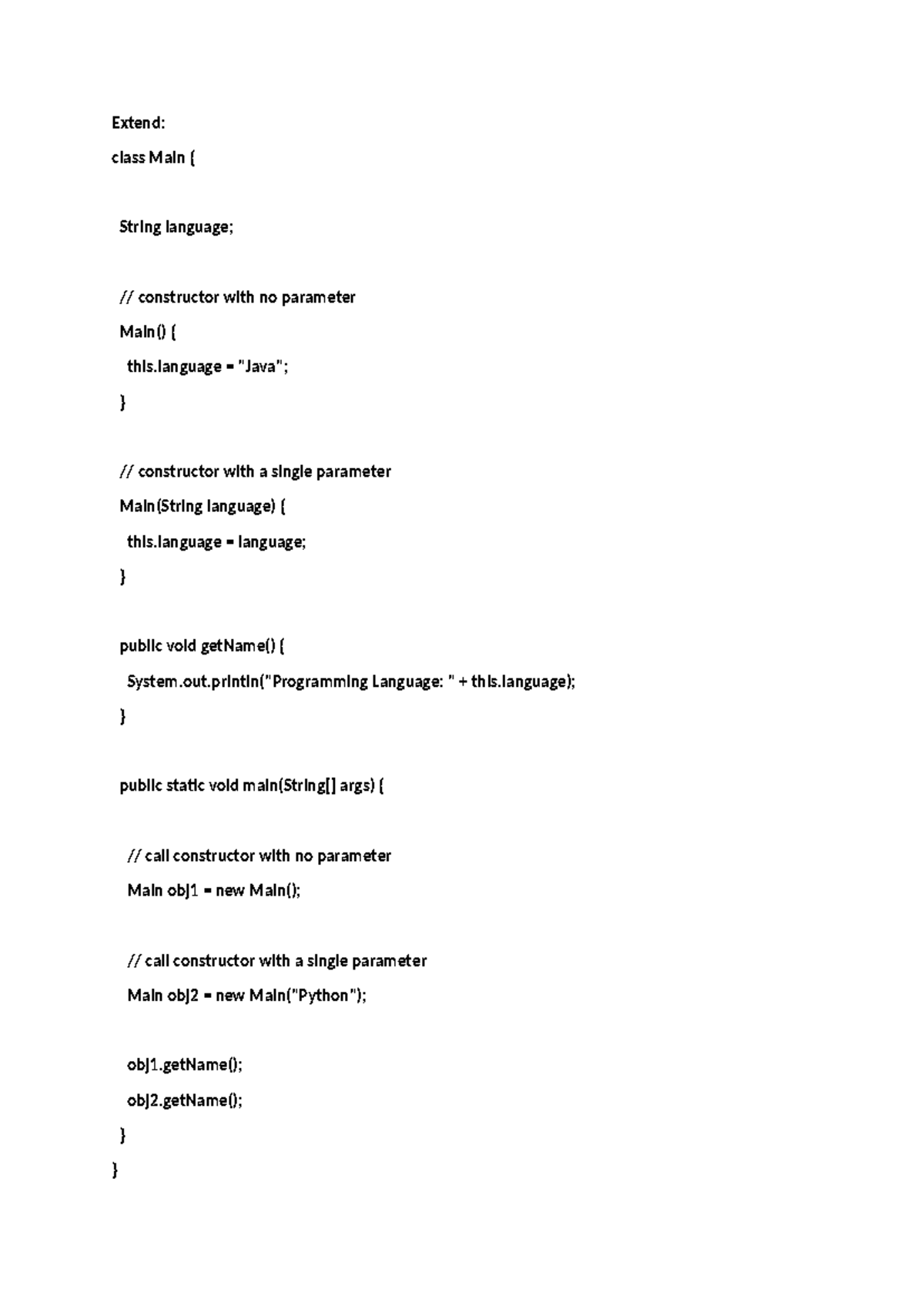 Lecture programs - practice materials - Extend: class Main { String ...