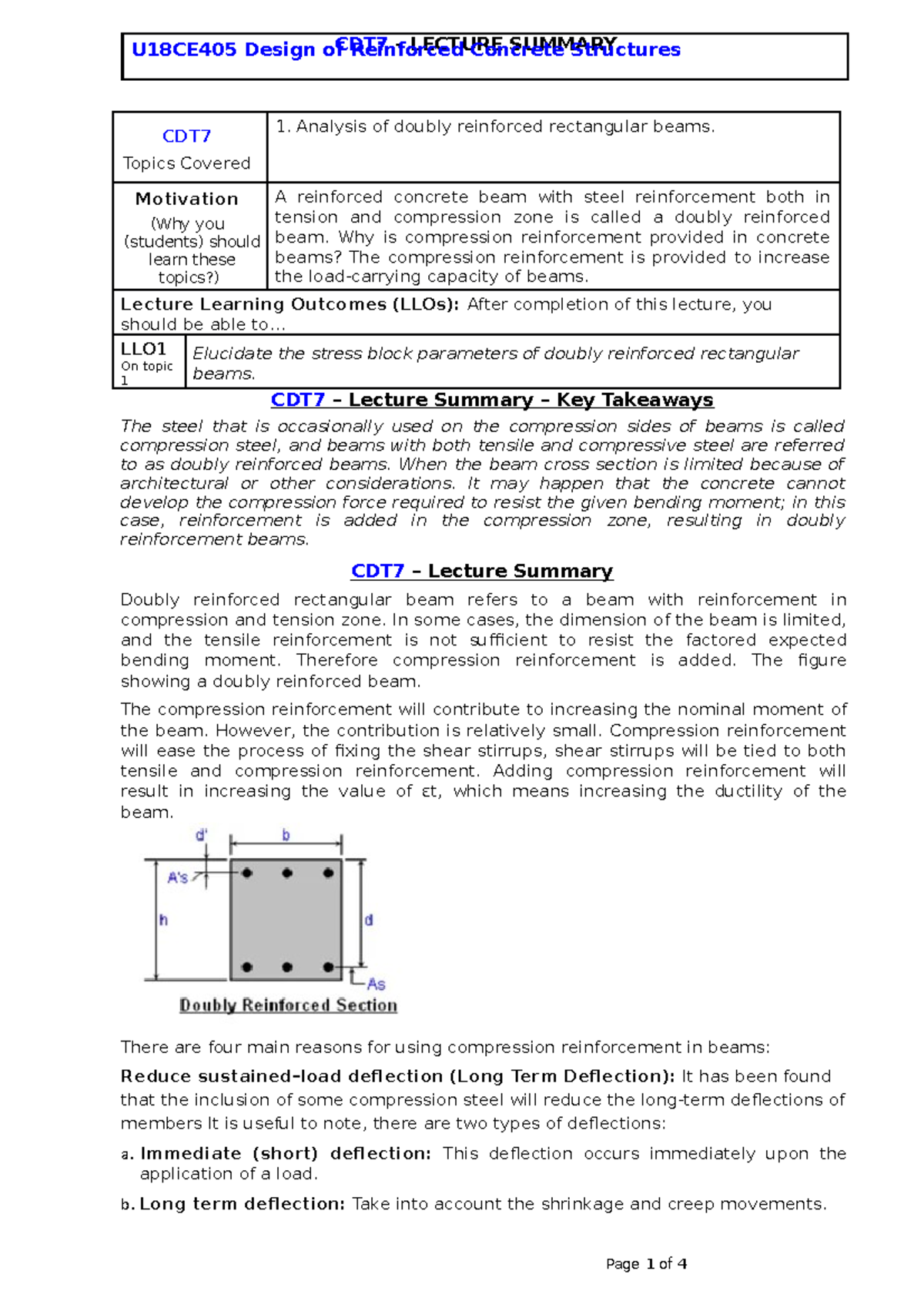4- design and reinforcement - CDT Topics Covered 1. Analysis of doubly ...