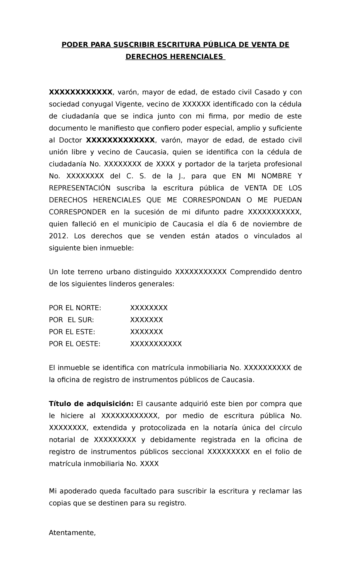 Poder PARA Suscribir Escritura Pública DE Venta DE Derechos Herenciales ...