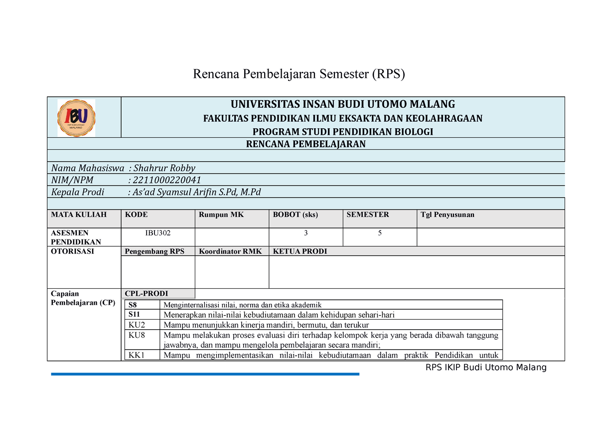 RPS Assesment Pendidikan (IBU302) - Rencana Pembelajaran Semester (RPS ...