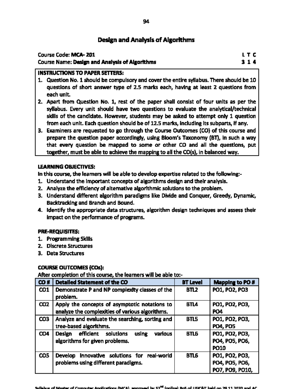 Daa Syllabus - MCA - Studocu